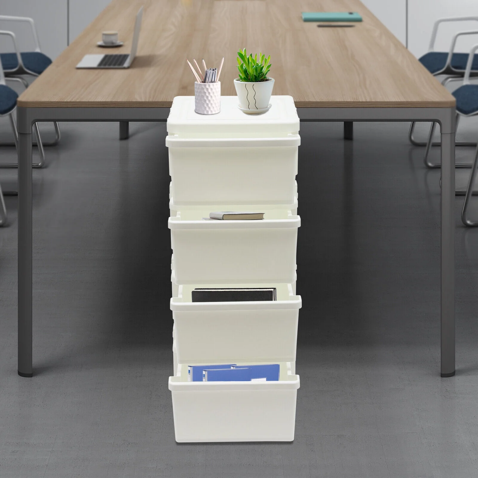 4 Drawer White Plastic Storage Organizer Container Floor Mounted Dresser for Bedroom
