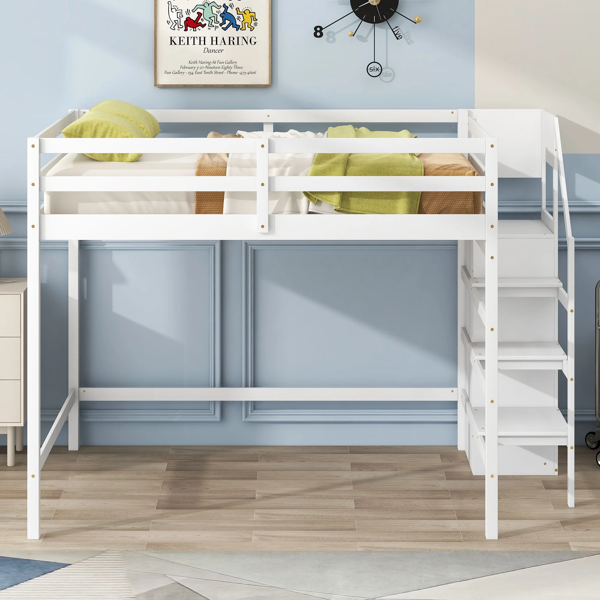 Full Size Multifunctional High Loft Bed with Built-in Storage Wardrobe and Staircase, Sturdy Wooden Loftbed Frame with Ladder & Safety Guardrail for Teens Bedroom