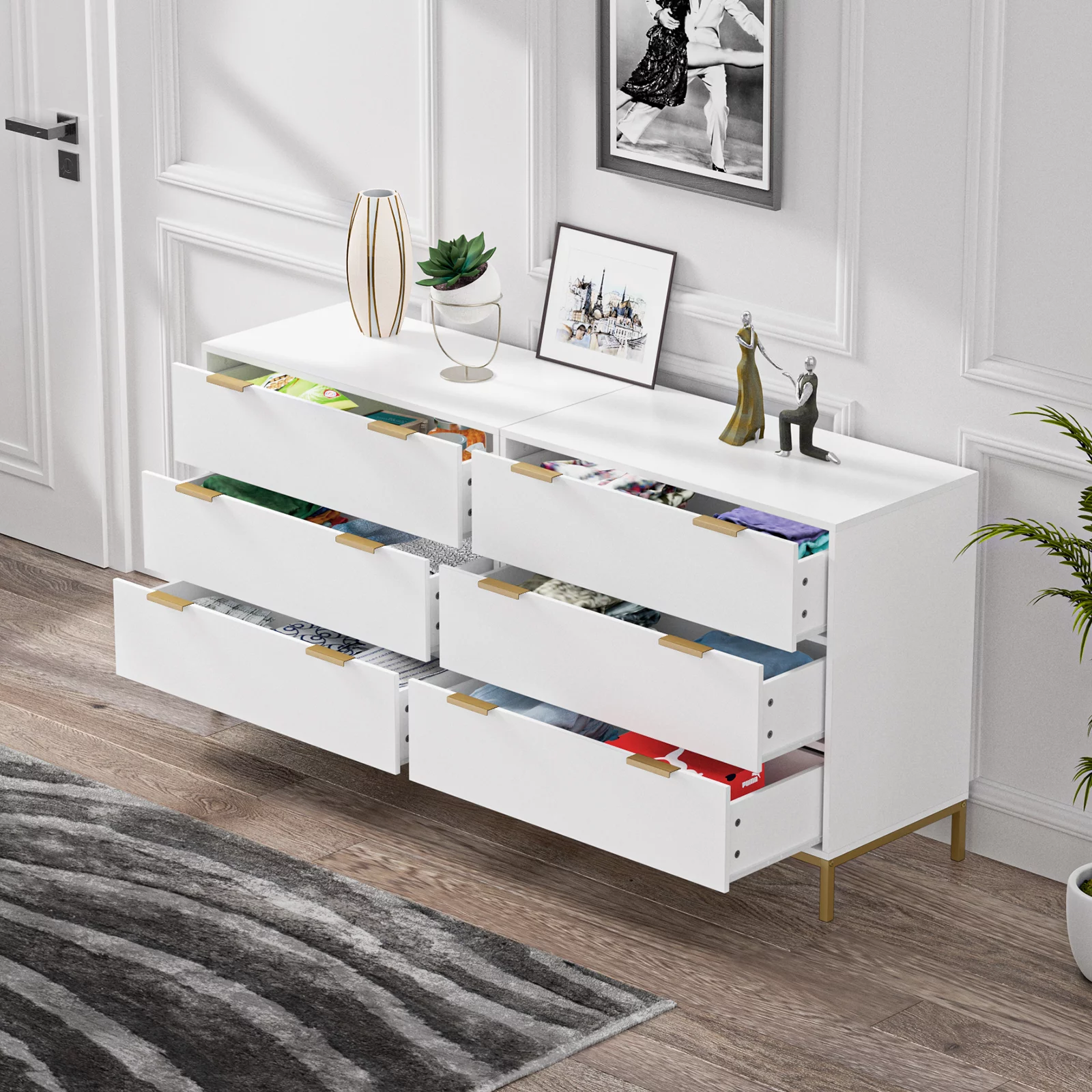 Eumyviv Chest of Drawers with Gold Handles Mid Century Modern 3-Drawer Storage Dresser for Bedroom Living Room, White H0074
