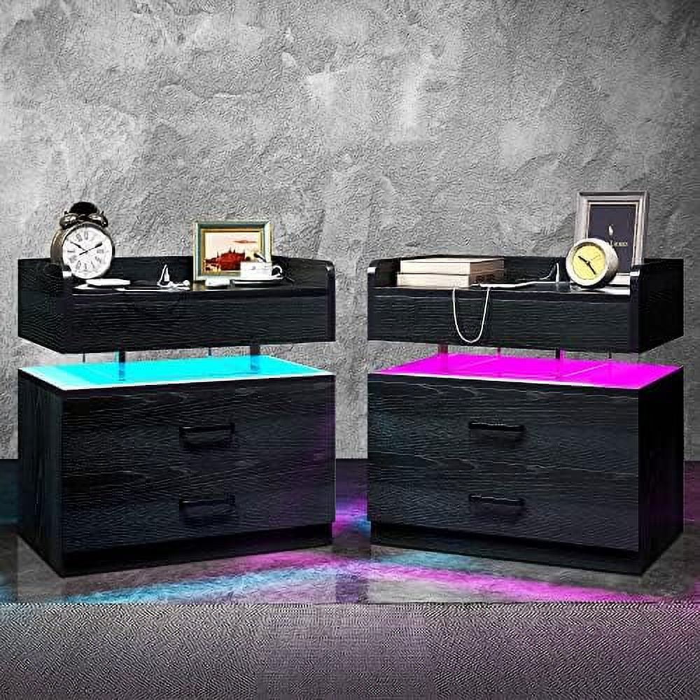 YZboomLife LED Nightstand with Voice-Control Acrylic Float End Table with Charging Station for Bedroom Side Bed Table with 2 Drawers (White * 2PC)