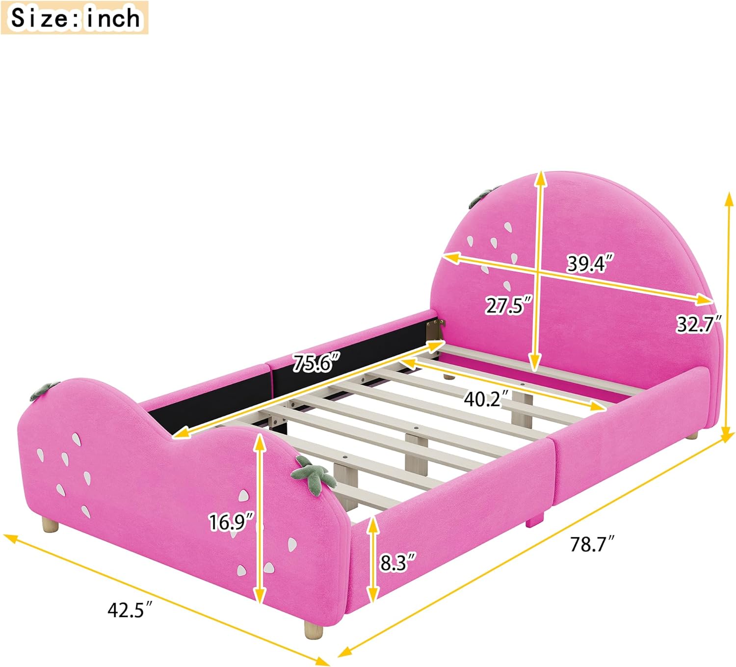 Twin Size Upholstered Platform Bed Frame for Boys Girls Kids Adults Toddler with Strawberry Shaped Headboard and Footboard