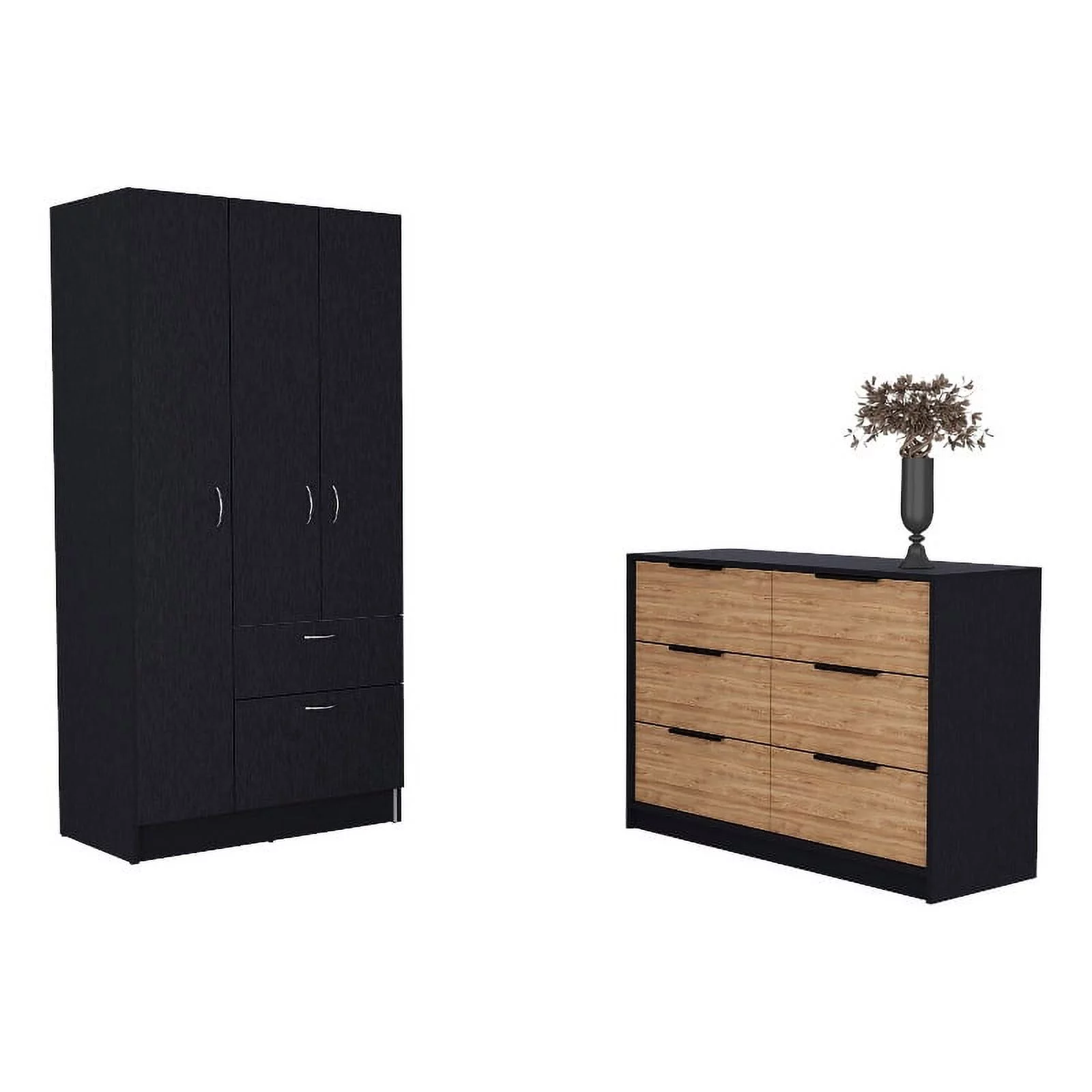 FM FURNITURE Crete 2-Piece Bedroom Set with Armoire and Dresser, Black/Pine