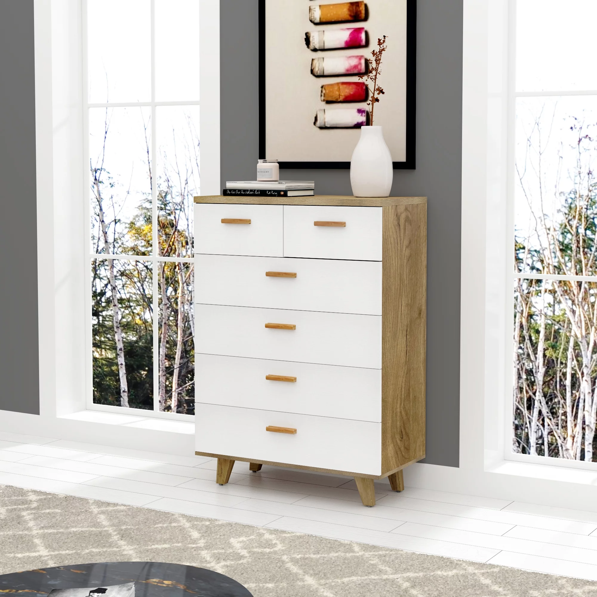 Royard Oaktree 6-Drawer Dresser Wooden Chest of Drawers with Legs & Handles Modern Clothes Organizers Storage Cabinet for Bedroom, Nursery, Living Room