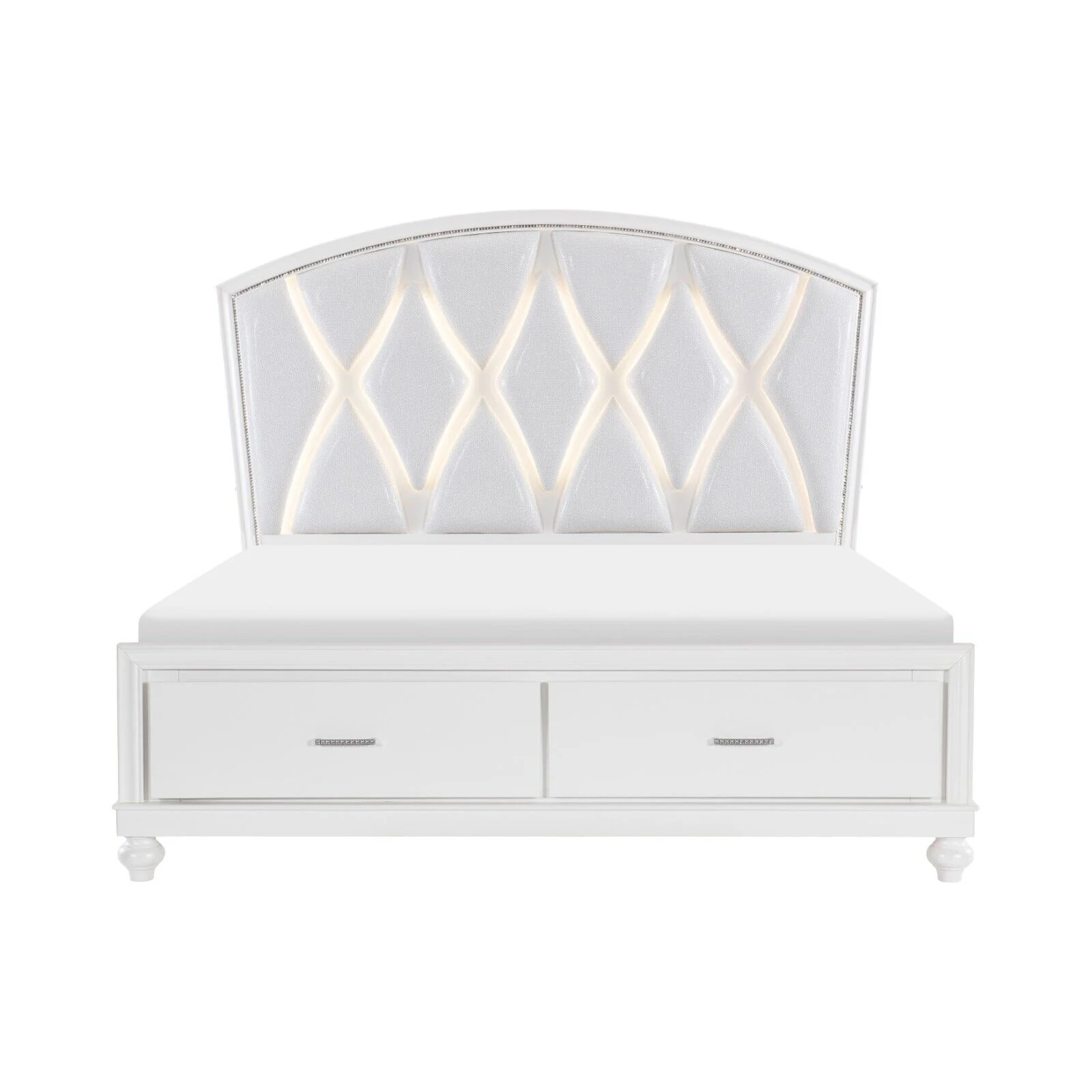 Modern Glam Queen Size Platform LED Light Bed Footboard Drawers White Finish Wooden Bedroom Furniture
