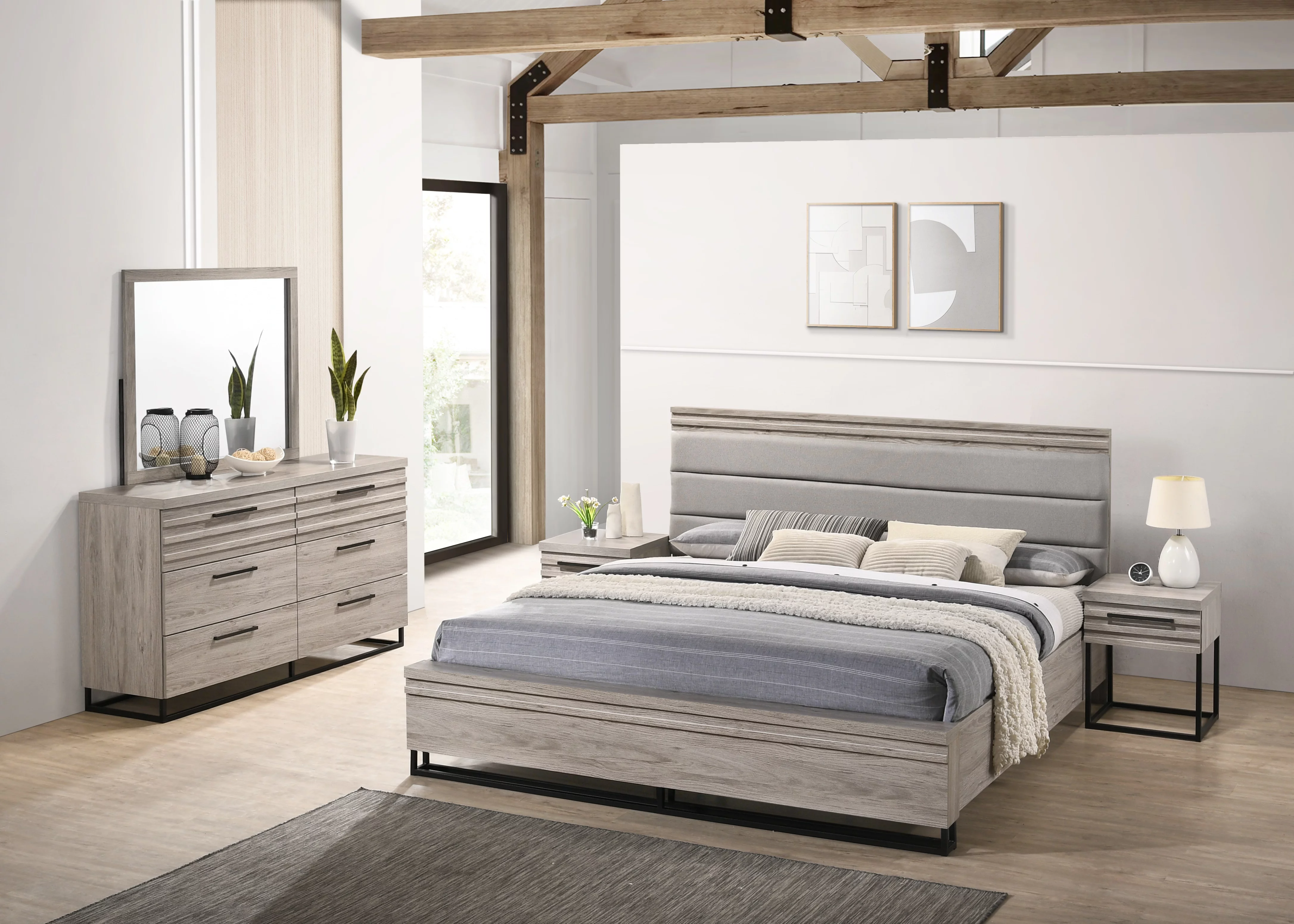 Roundhill Furniture Alvear Upholstered 5-Piece Bedroom Set, Weathered Gray Finish, King Size