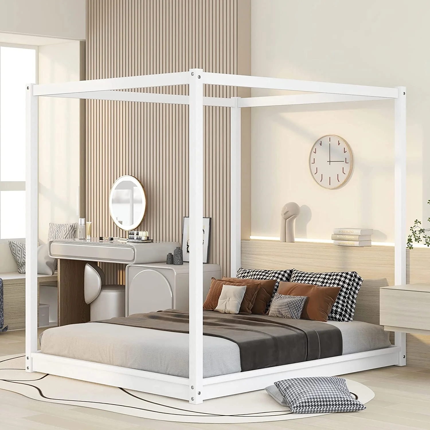 Canopy Bed Frame Queen Size, Canopy Platform Bed Frame, Wooden Queen Bed with Support Legs, Easy Assembly, No Box Spring Needed