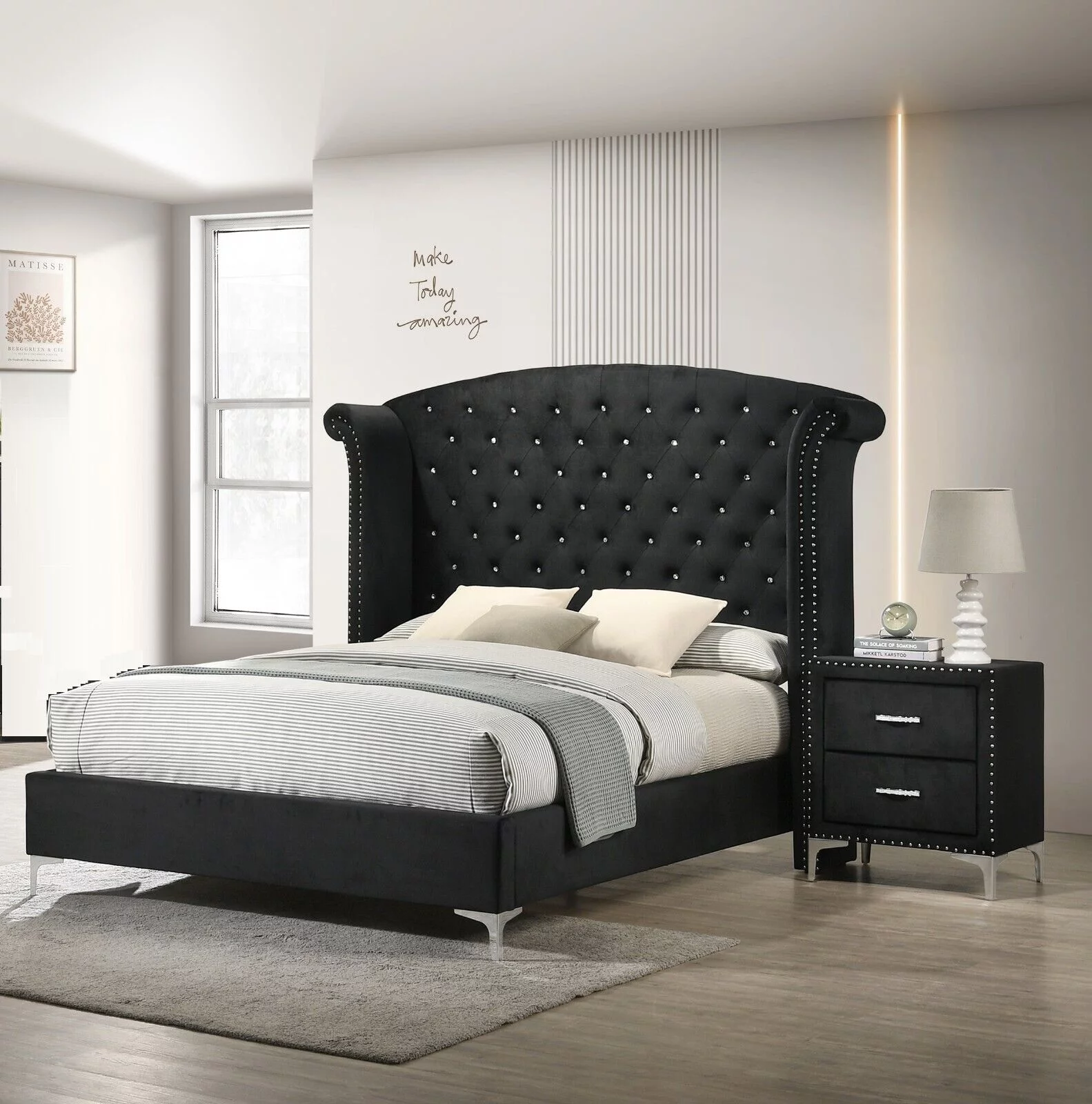 Modern Glamourous Style 3pc King Size Bed and 2x Nightstands Bedroom Set Black Velvet Upholstery Furniture