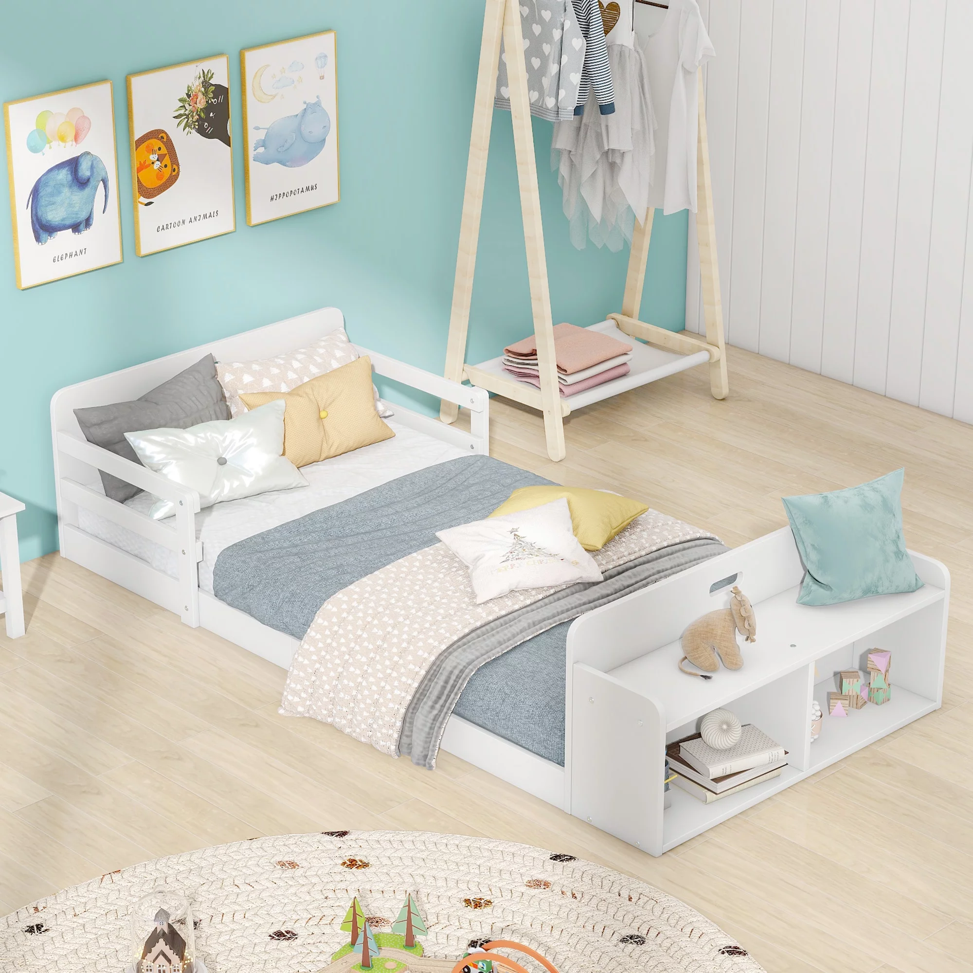 Euroco Wood Twin Size Floor Bed, Twin Platform Bed with Storage Desk and Shelf, White