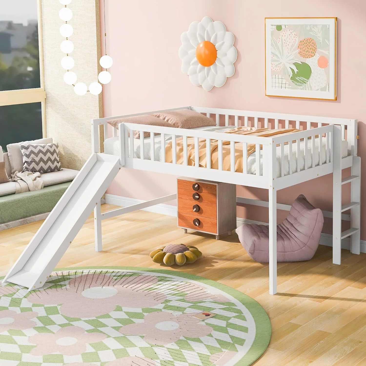 Full Size Low Loft Bed With Side Ladder,Slide And Full Length Guradlails,Wooden Full Bed Frames For Bedroom Dorm,White