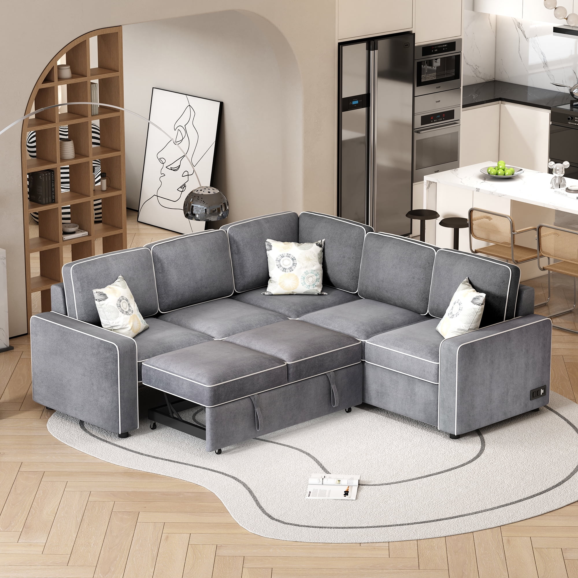 Soges 5 Seat Pull Out Sofa Bed L-Shaped Sofa with 2 USB Ports, Sockets, Pillows, 83
