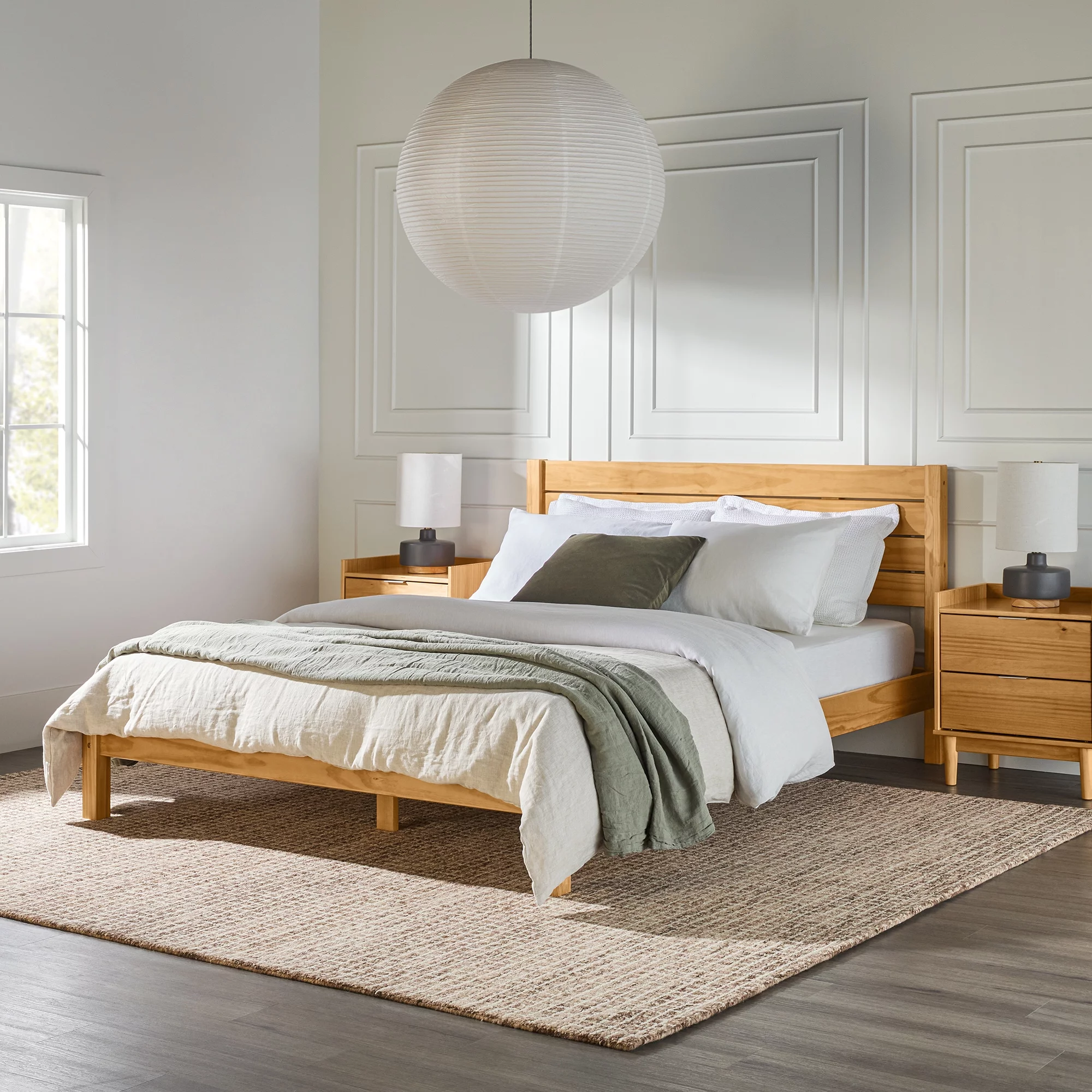 Walker Edison Minimalist Low Solid Wood Queen Bedframe, Natural Pine