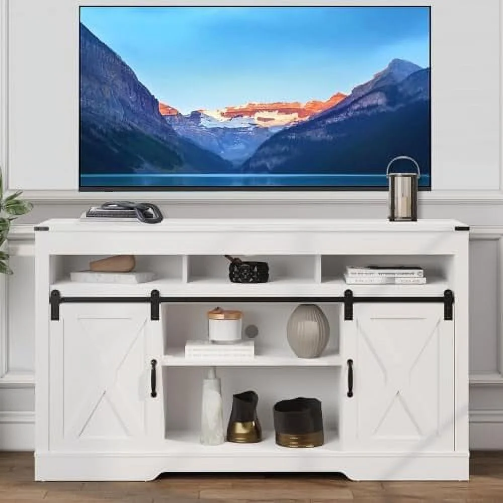 3-Tier 34" Tall Large  TV Stand with Sliding Barn Doors for TV Up to 65"  Media Entertainment Center with Adjustable Shelves and Cable Holes  TV Console Table for Living Room  Bed