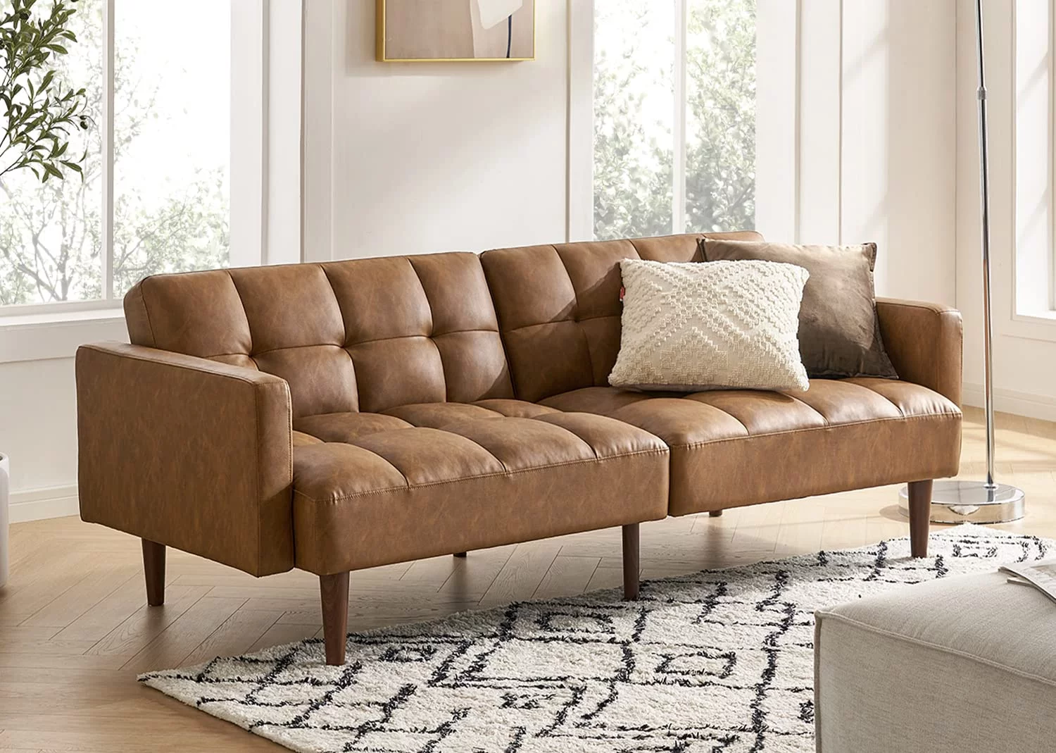 Mopio Aaron Mid Century Modern Faux Leather Convertible Futon 77.5