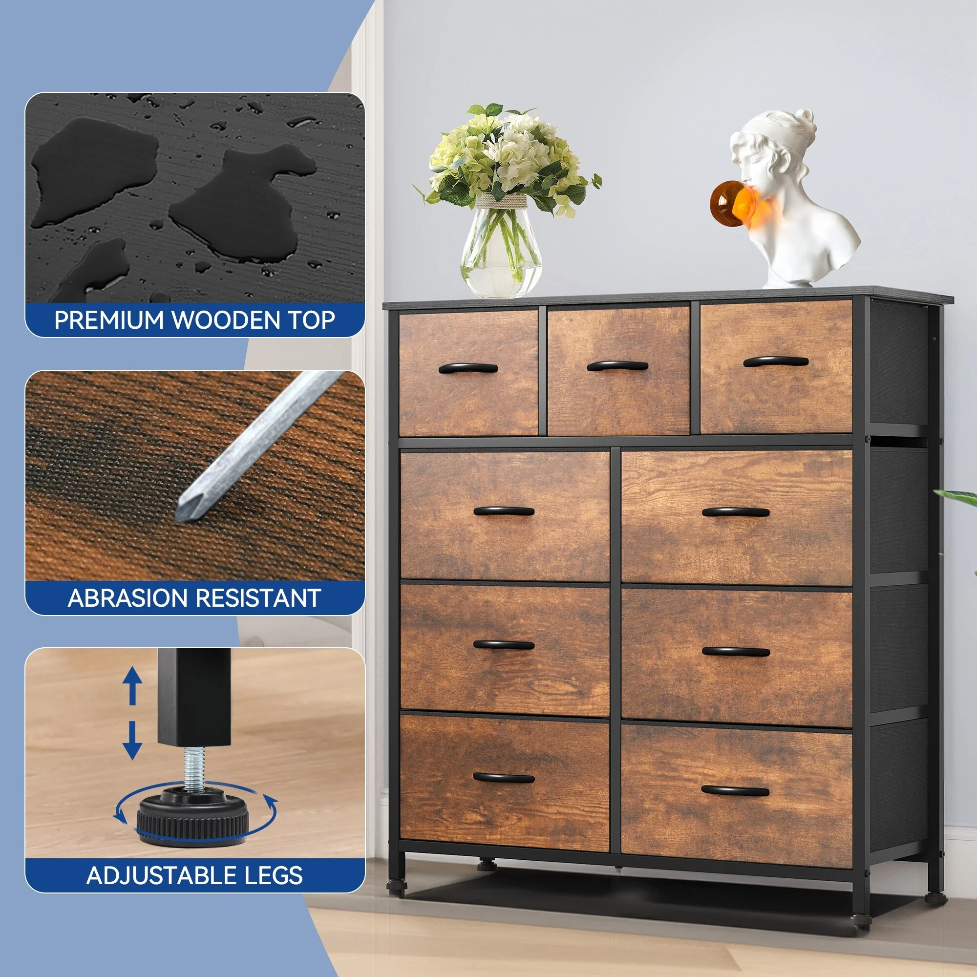 Warranty Company Moasis Rustic Wood-grain Badroom Dresser with Metal Frame, Wooden Top 9-drawer