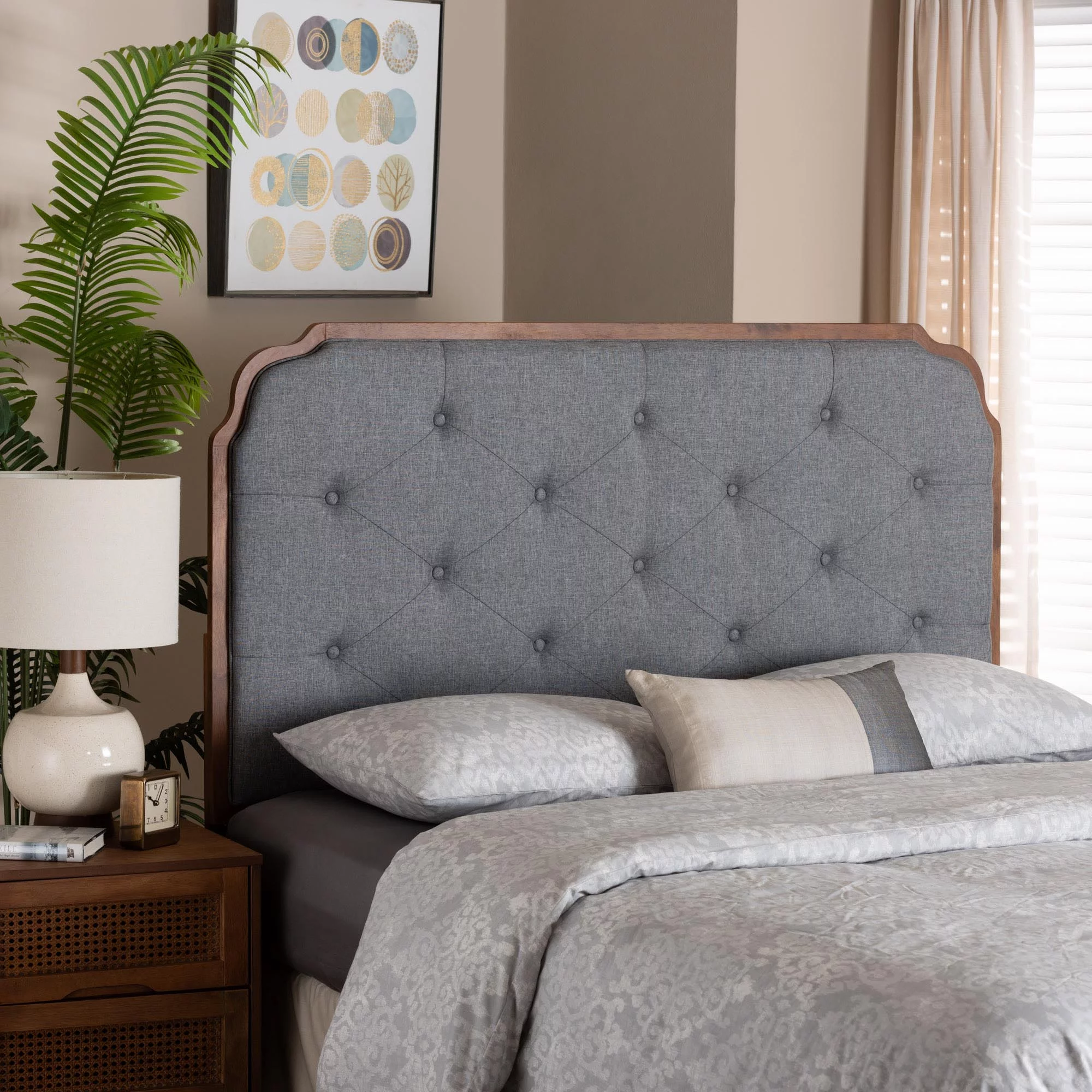 Baxton Studio Shanti Classic and Traditional Grey Fabric and Walnut Brown Finished Wood Queen Size Headboard
