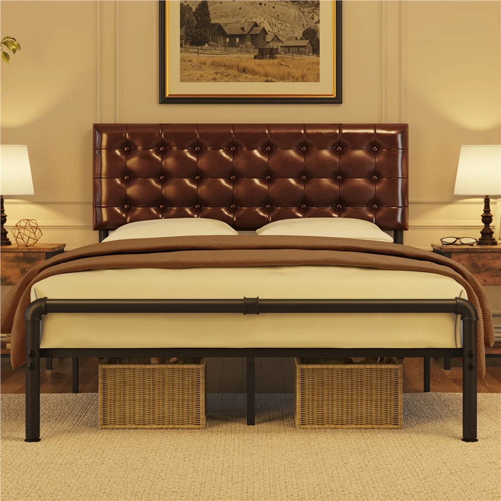 Yaheetech Metal Platform Bed Frame with Upholstered Headboard, Queen, Elegant Brown