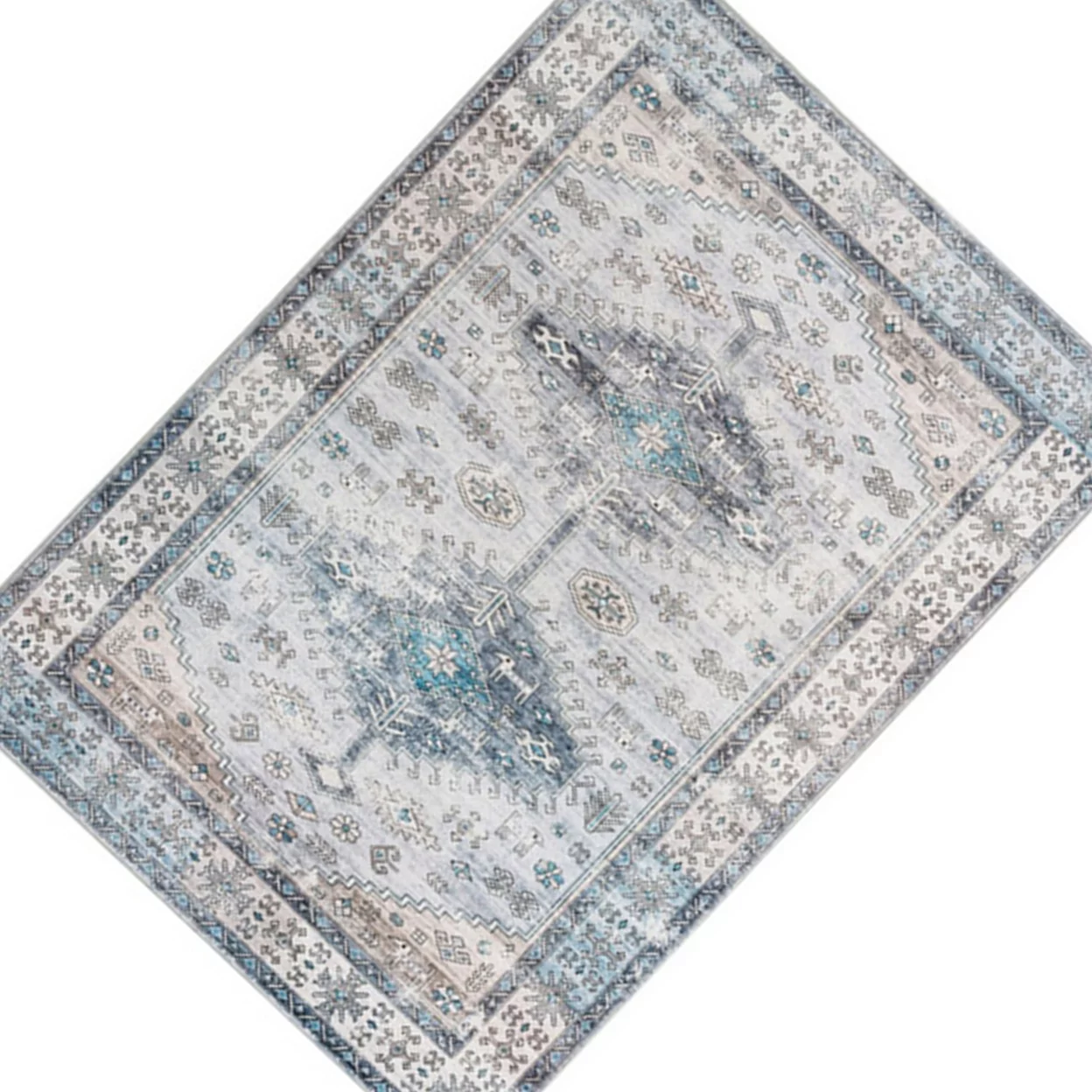 Nyx 7 x 5 Medium Soft Fabric Floor Area Rug, Vintage Blue Border Design