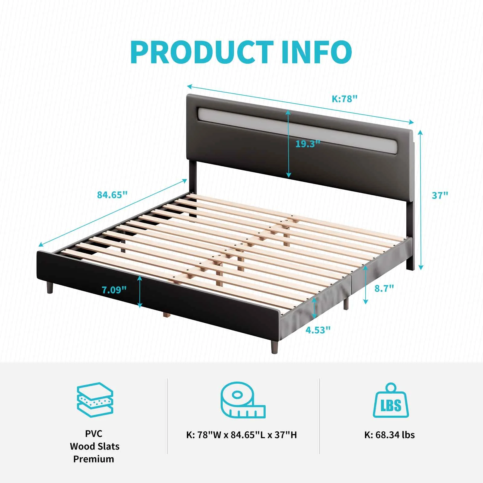 CECER King Size Platform Bed Frame with Smart RGB LED Light Strip | Bed Frame with Adjustable Headboard | Compatible with Alexa & App | No Mattress No Box-Spring Needed -Black