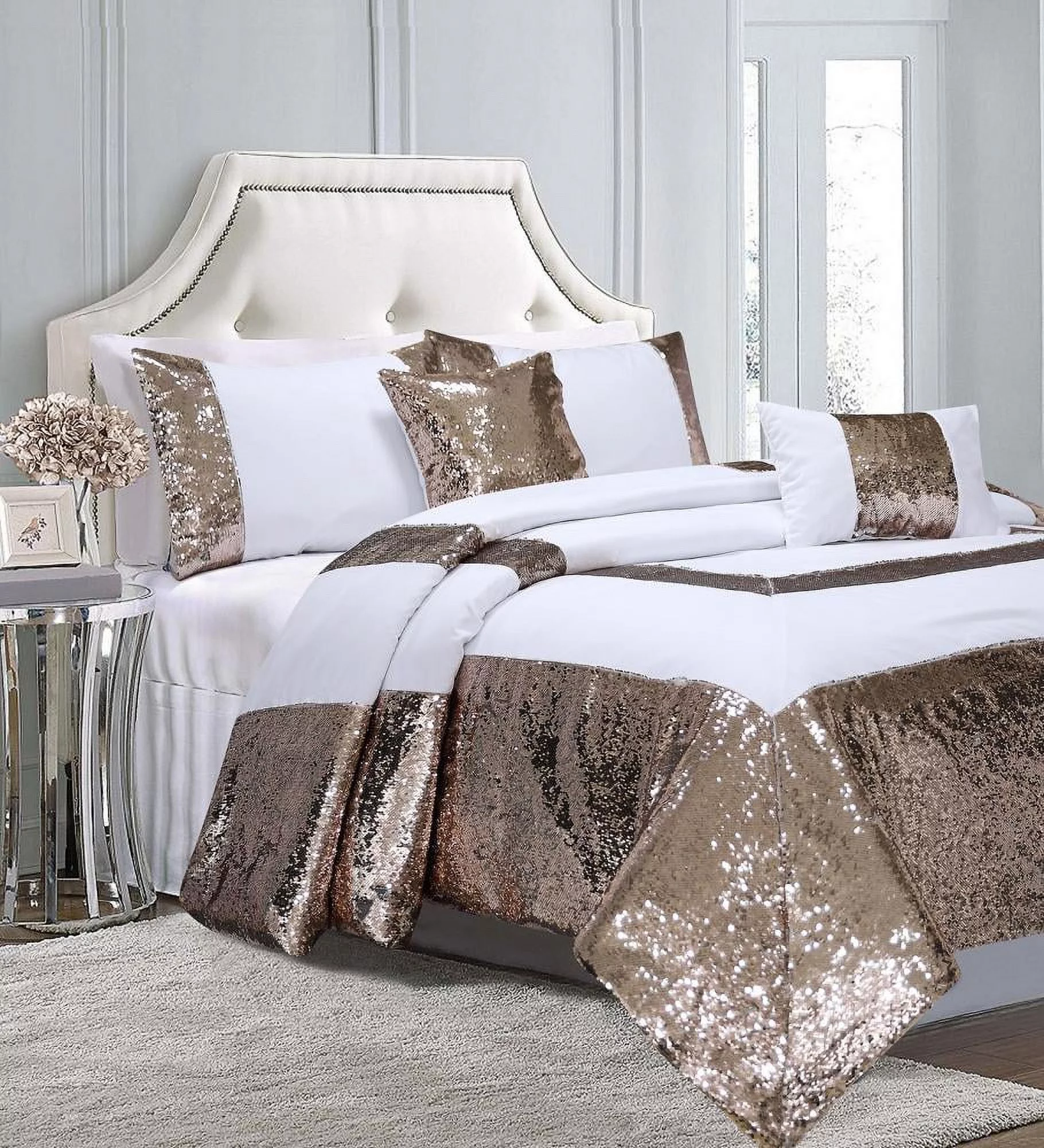 HIG White/Gold Flip Sequins Comforter Set, Queen size Pactch Work Bed Set