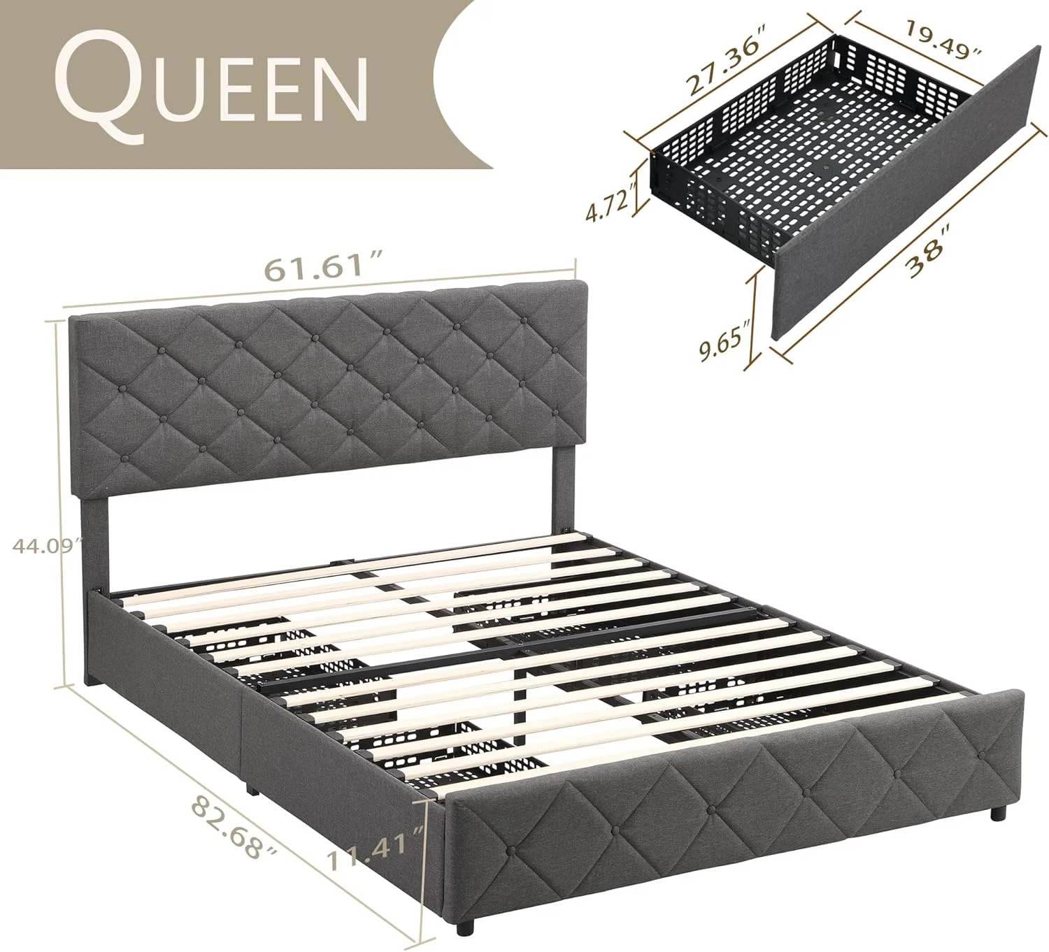 Queen Size Upholstered Bed Frame with Headboard and 4 Storage Drawers No Box Spring Needed Easy Assembly Heavy Duty
