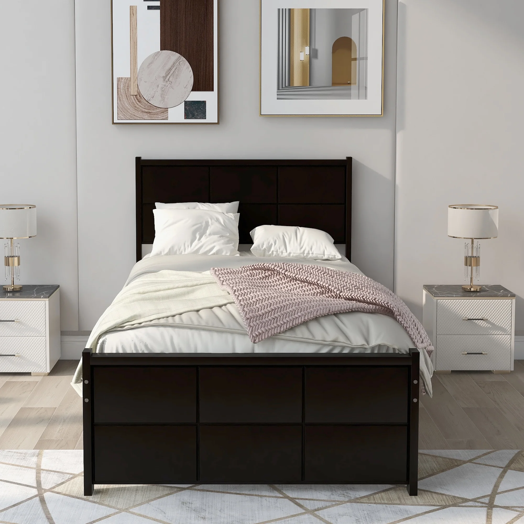 Nestfair Espresso Twin Platform Bed with Headboard and Footboard