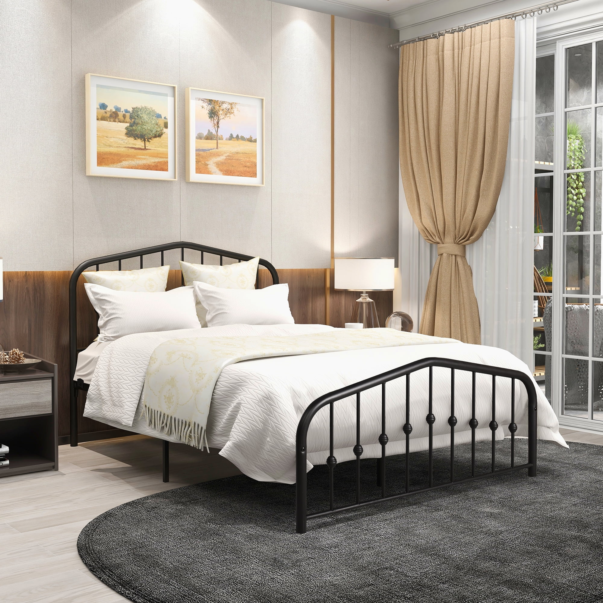 Full Size Bed Frame Metal Platform Mattress Foundation with Headboard Footboard, Vintage Style,Easy Assemble,Black
