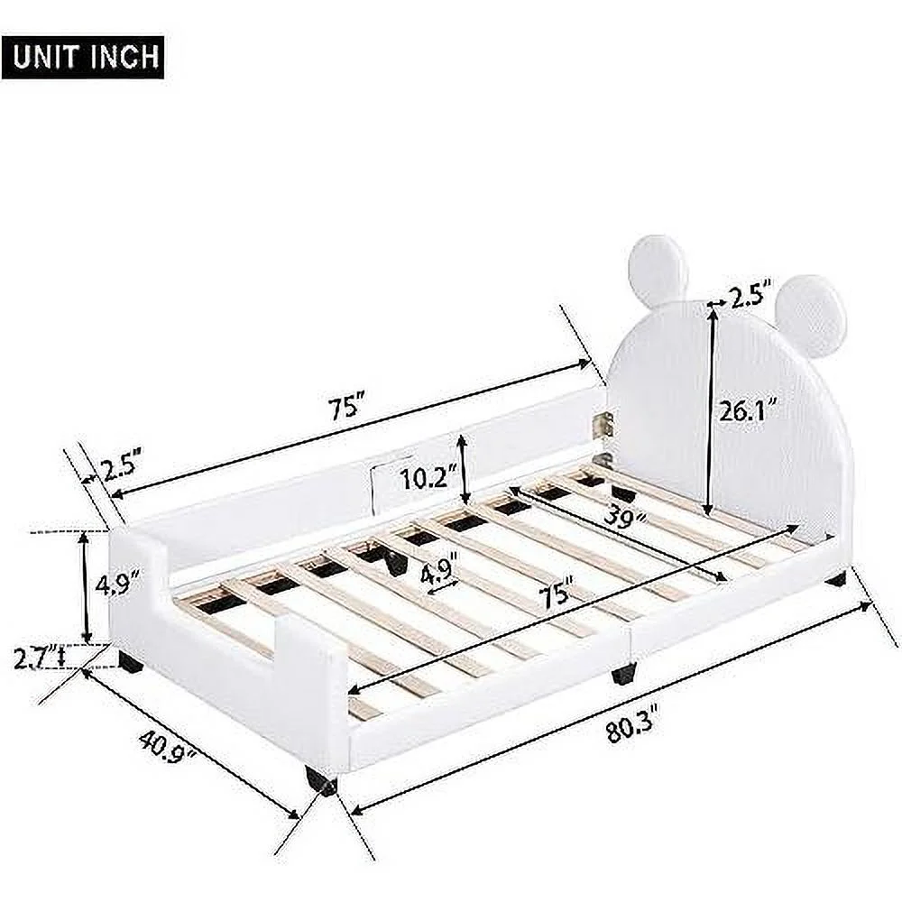 Size Teddy Upholstered Daybed With Mouse Carton Ears Shaped Headboard, Wooden Daybed Frame For Bedroom Living Room(Teddy White)
