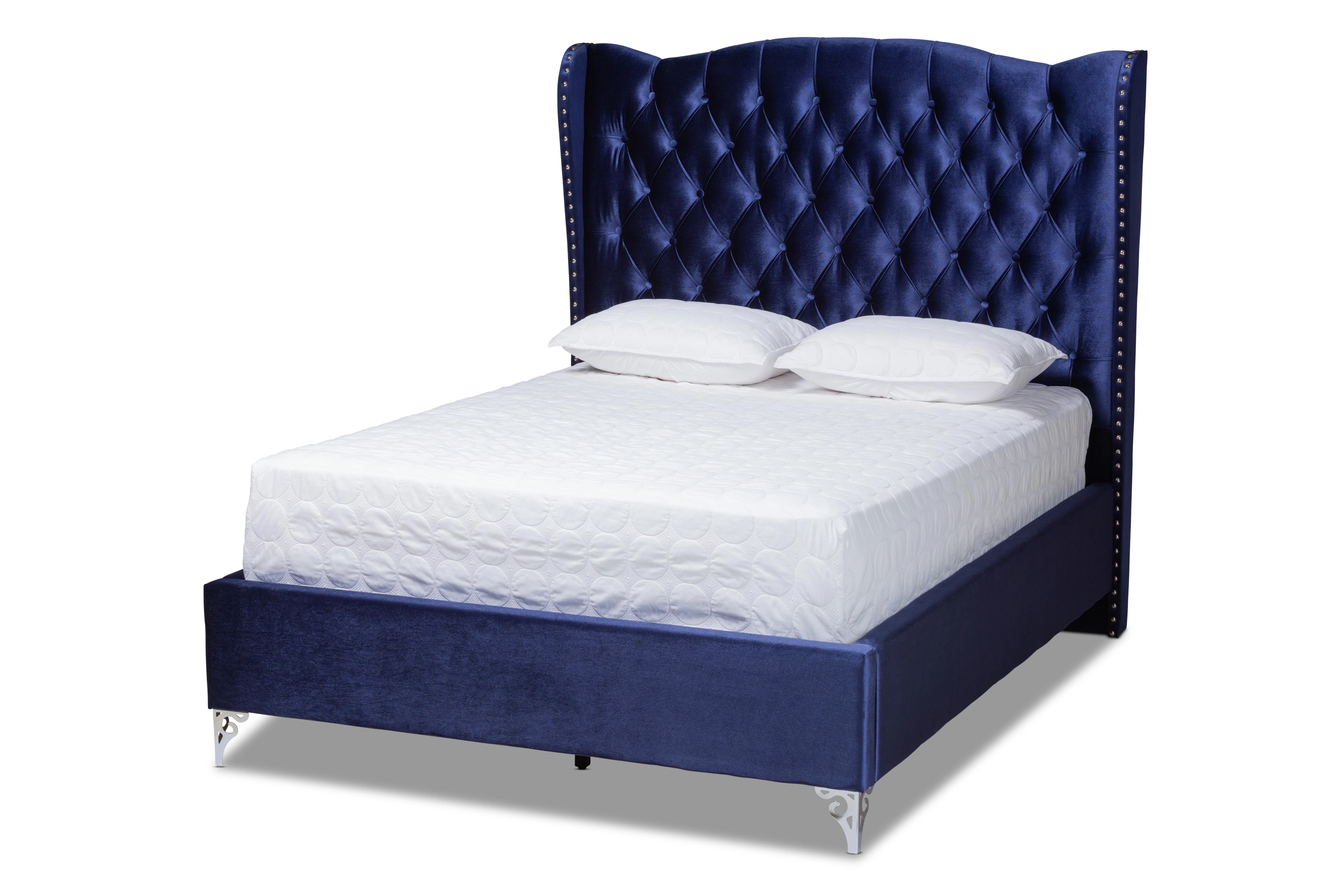 Baxton Studio Hanne Glam and Luxe Purple Blue Velvet Fabric Upholstered Queen Size Wingback Bed