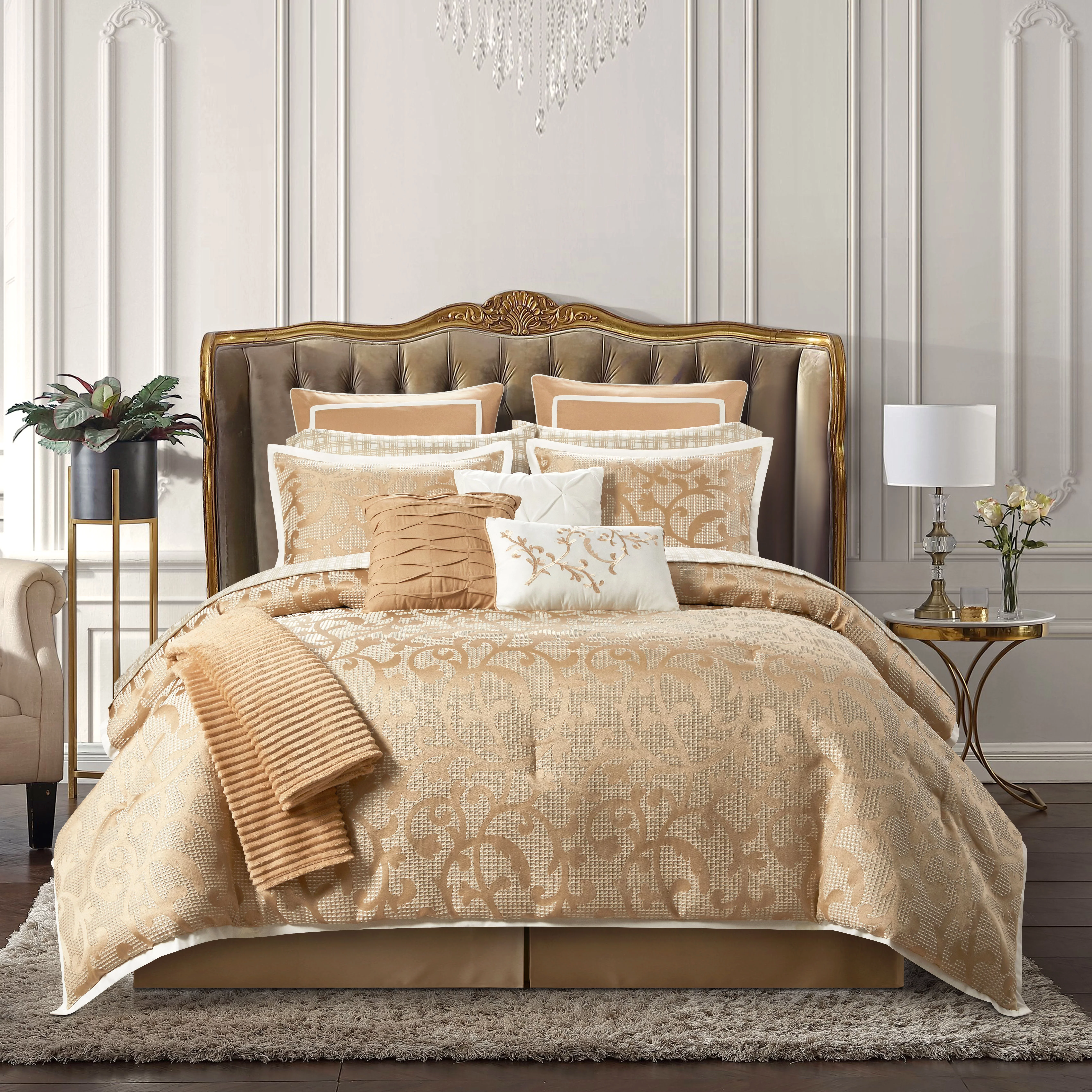 Lanco Taupe Paisley California King Size Comforter Sets , 14 Piece Bed-In-A-Bag, Jacquard Bedding Sets & Collections, 1 Flat Sheet, 1 Fitted Sheet