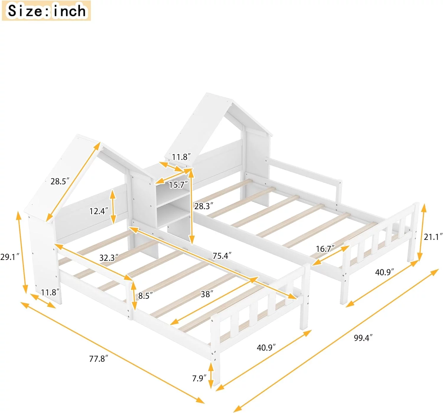 Double Size Platform Bed, Shared Bed Frame With House-Shaped Headboard And A Built-In Nightstand,White