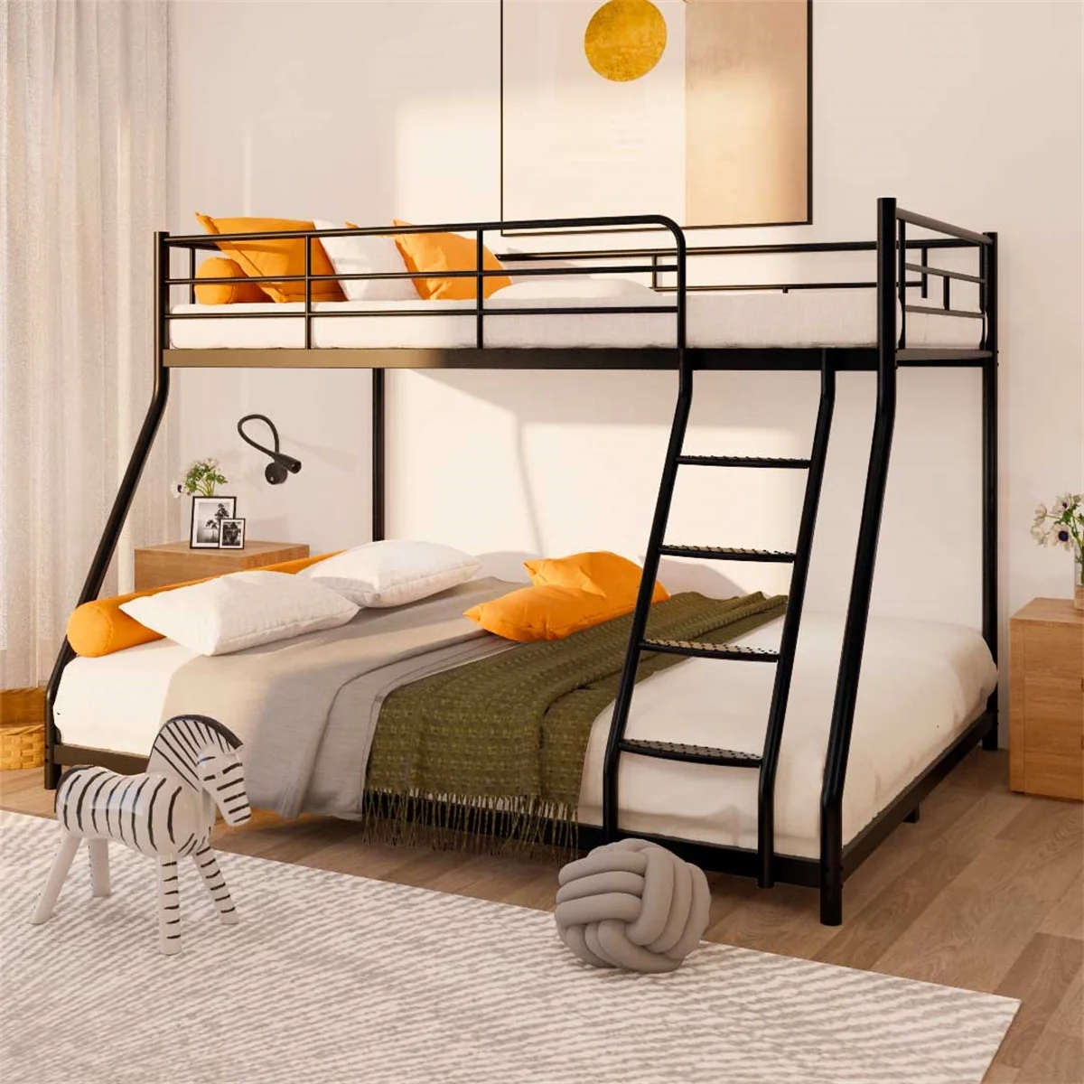 Bunk Bed Twin Over Full Size, Metal Bunk Bed with Ladder and Steel Frame Support, Space-Saving Bunk Bed for Boys Girls Adults, Noise Free, No Box Spring Needed, White