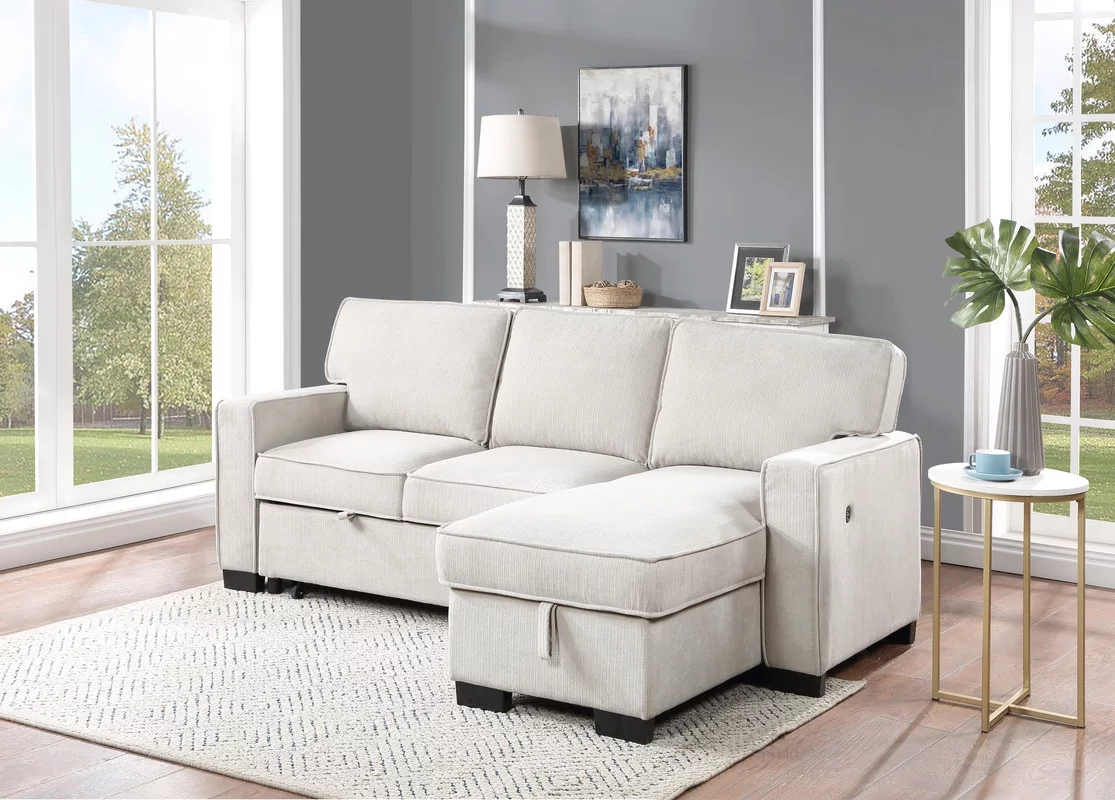 Estelle Beige Fabric Rev. Sleeper Sectional Storage Chaise Cup Holders USB Ports