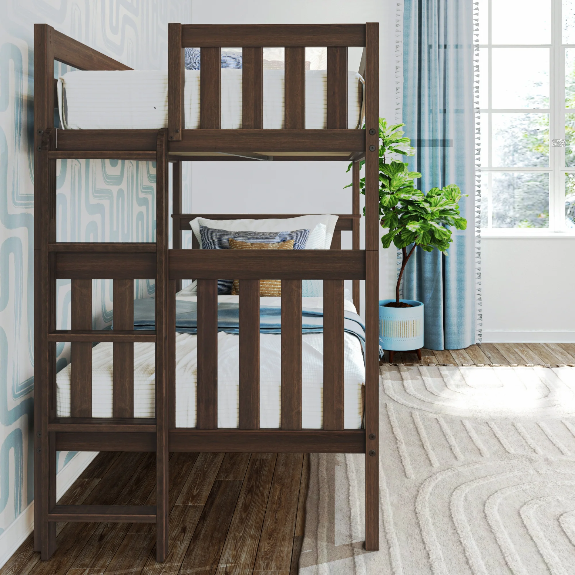 Max & Lily Twin over Twin Bunk Bed with Ladder on End For Kids, Walnut