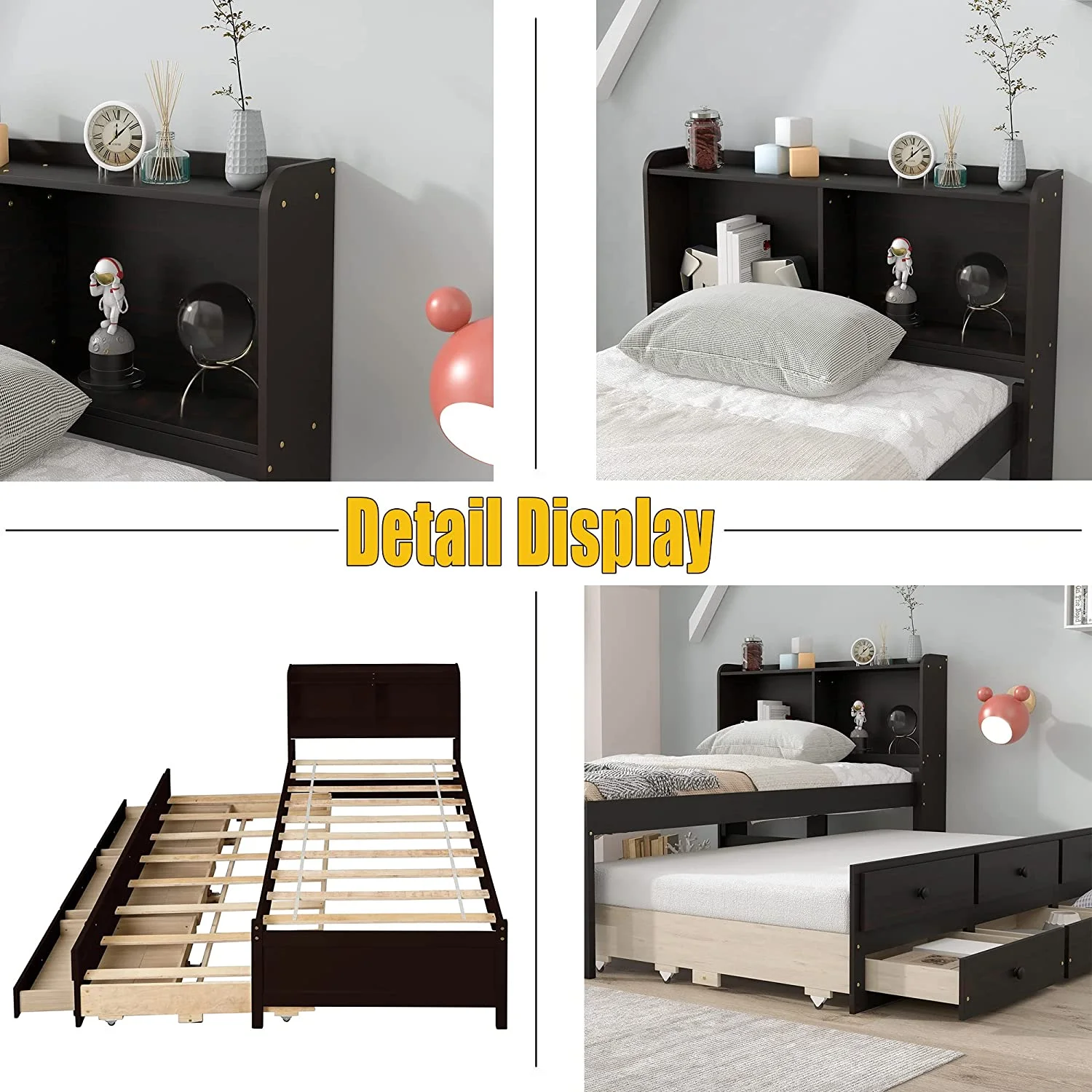 Bed With Storage Drawers And Trundle, Wooden Size Platform Bookcase Headboard, Trundle For Kids Teens Adults (Espresso) Espresso+Drawers+Trundle