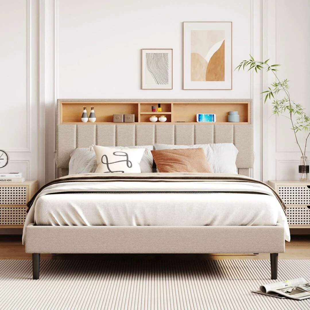 Queen Size Platform Bed Storage Shelf Headboard Socket with USB Port