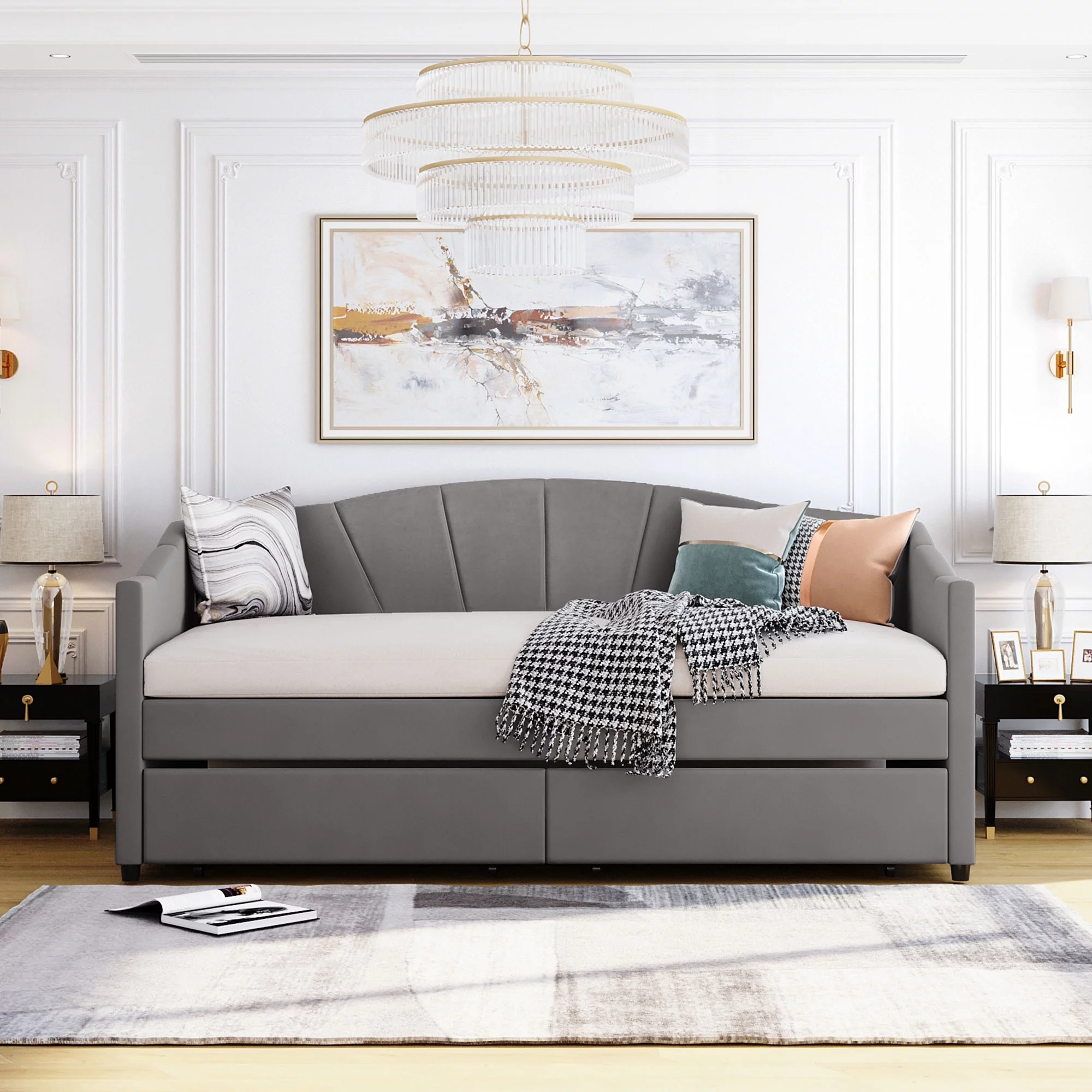 Modern Upholstered Sofa Pull Out Sofa Living Room Sofa Bed Futon Upholstered Sofa Bed Double Bed with Two Drawers and Wooden Slat Support (Gray)