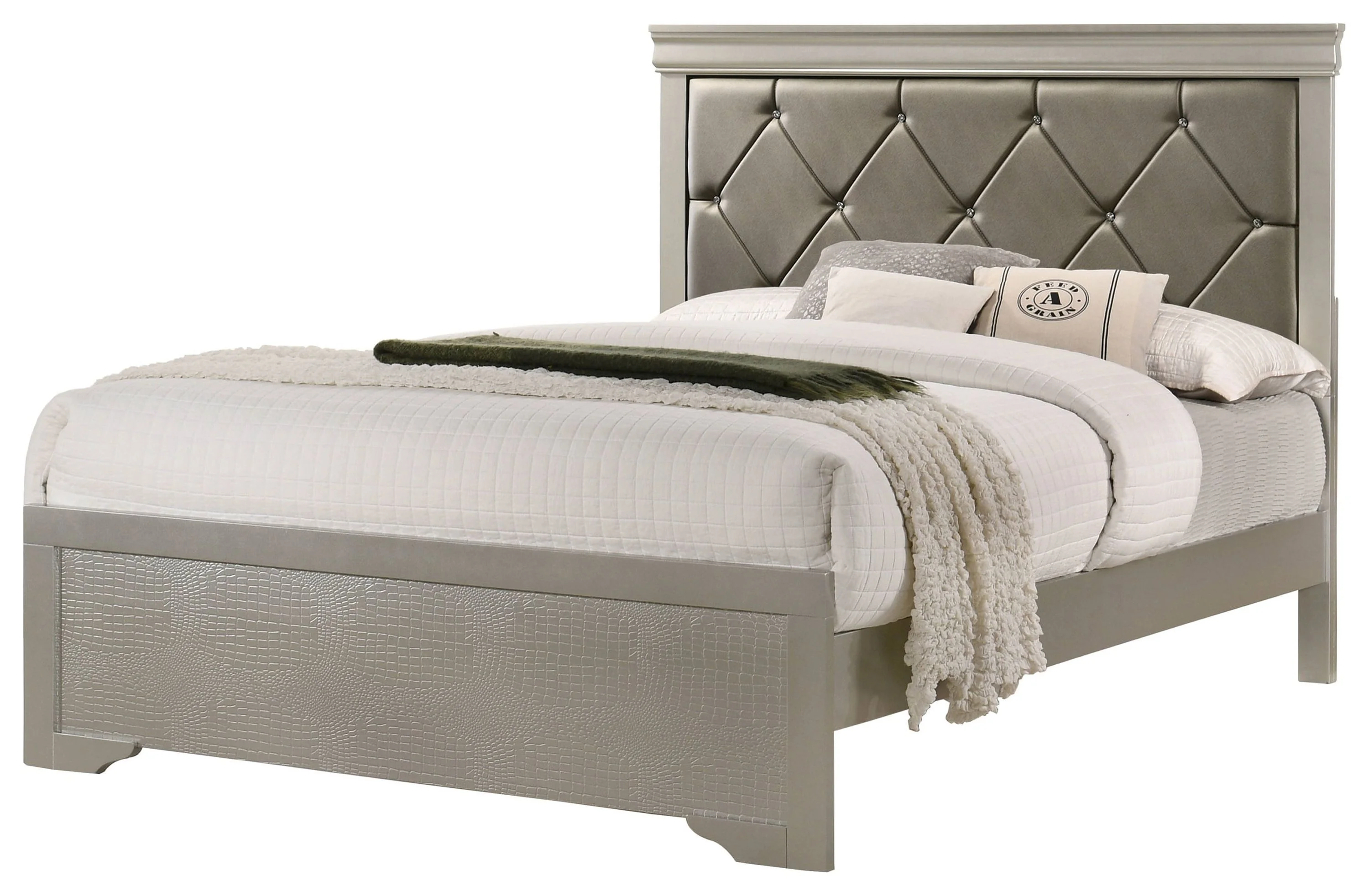 5pc Silver Finish Panel Bedroom Set Upholstered Button Tufted Headboard Queen Bed Dresser Mirror Nightstand