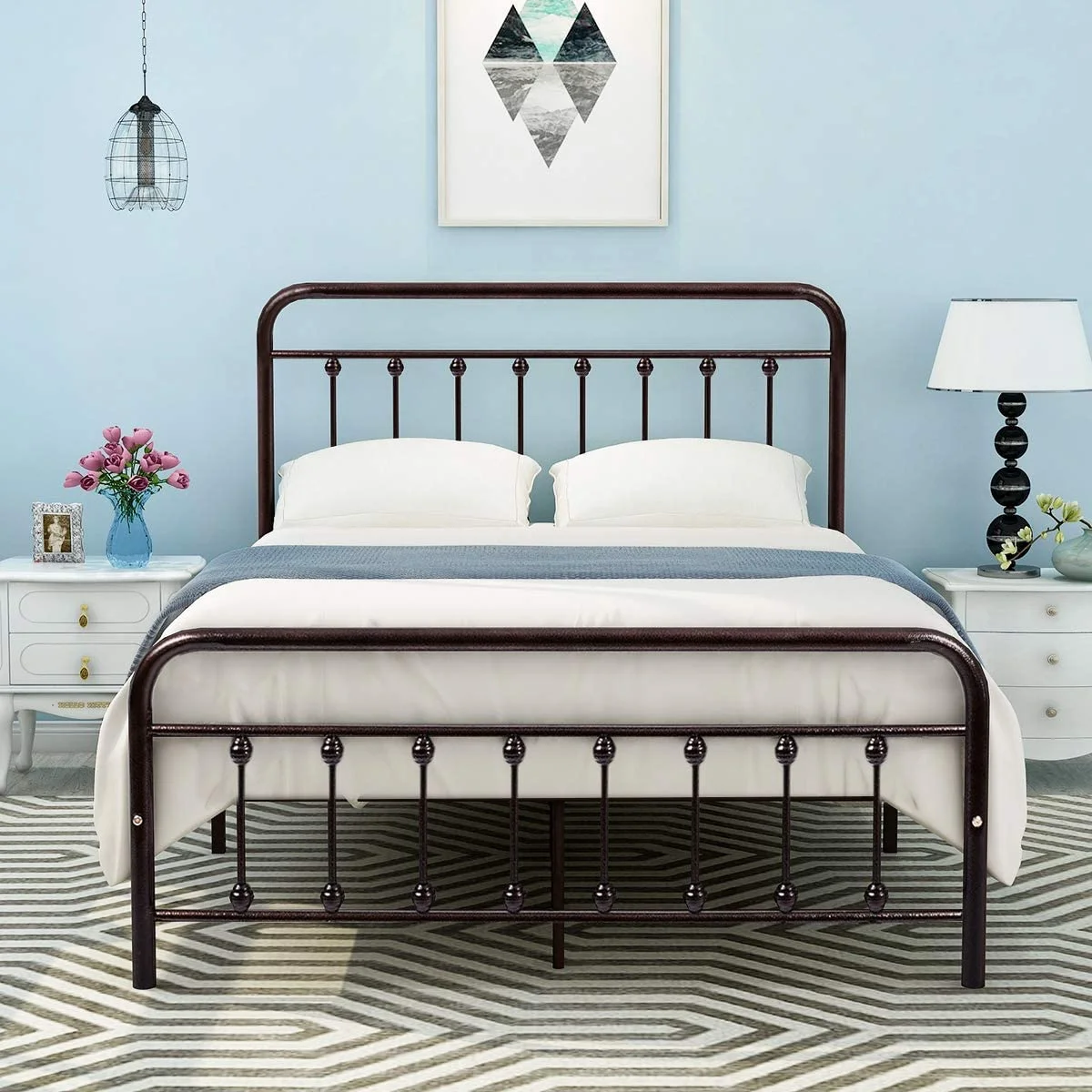 12 Inch Full Size Bed Frame Mattress Foundation Box Spring Replacement with Headboard Heavy Duty Metal Slat Support Ultra-Large Under Bed Storage, Brown