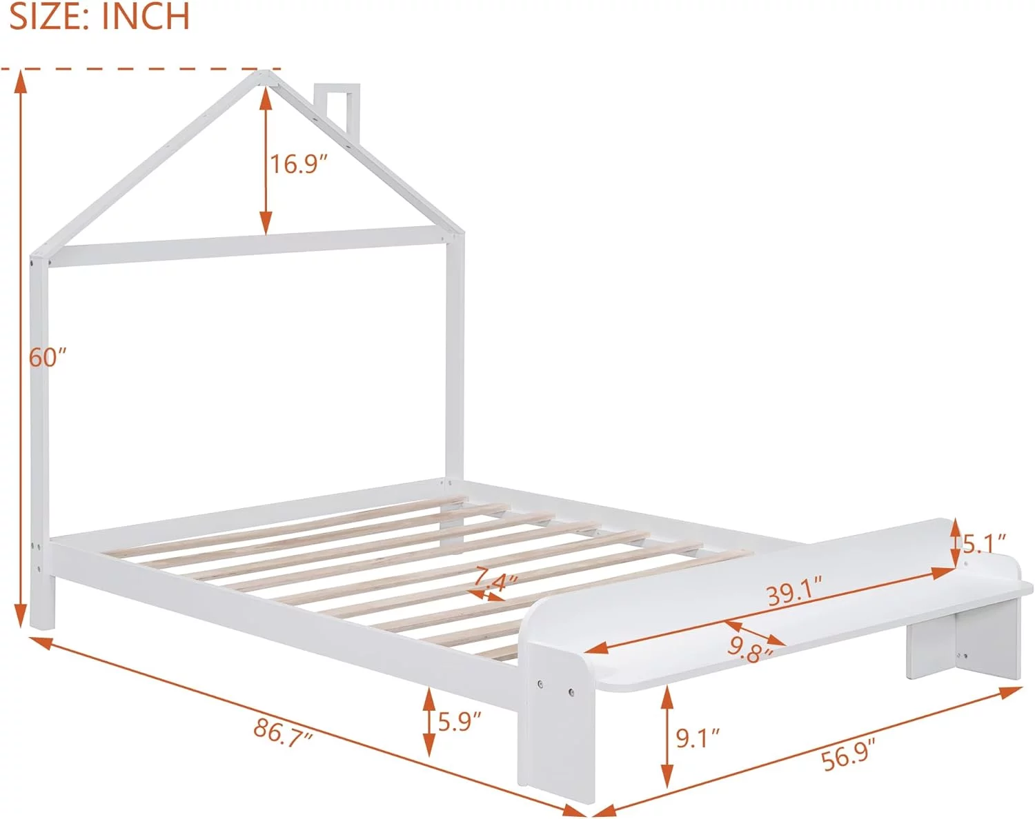 Full Size Bed Frame For Kids,Wood Full Bed With House-Shaped Headboard And Footboard Bench, Full Size Platform Bed For Girls Boys,No Box Spring Needed,White