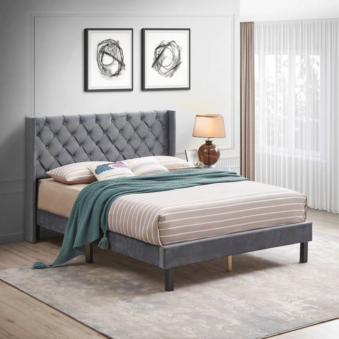 Velvet Button Tufted-Upholstered Bed with Wings Design-Strong Wood Slat Support