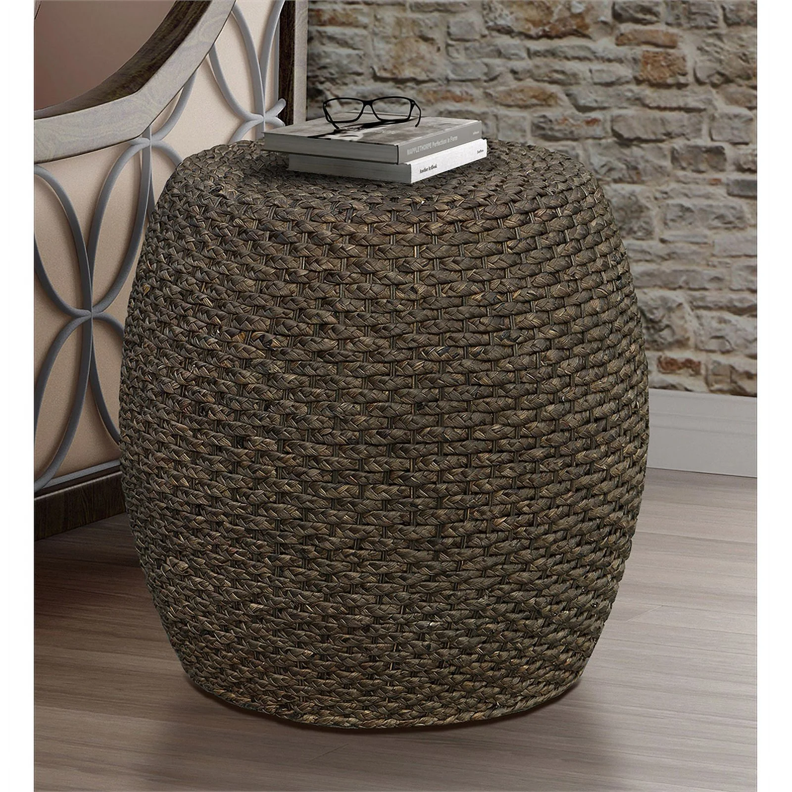 Gallerie Decor Fiji Transitional Hyacinth Wood Drum Side Table in Walnut