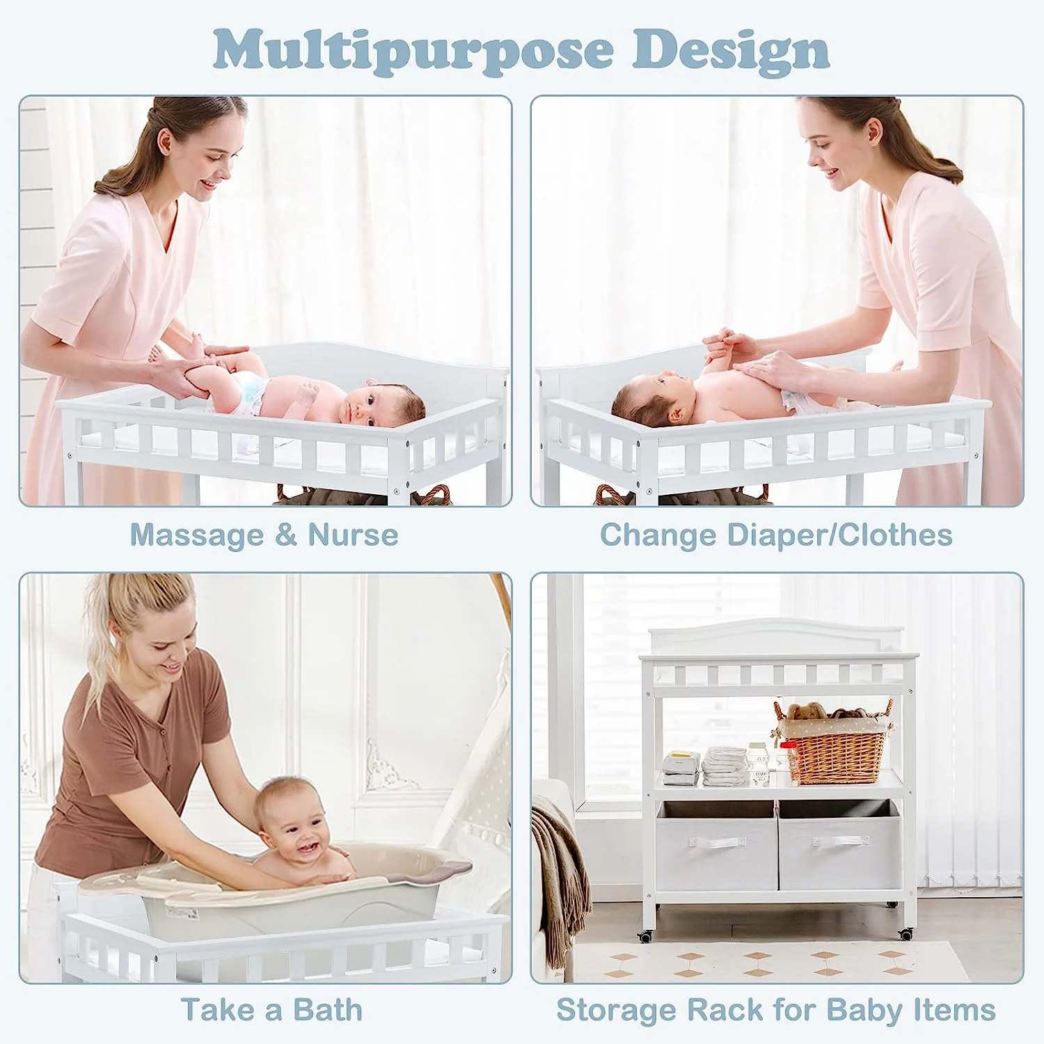 Baby Changing Table, Wood Diaper Dresser Station with Pad 2 Storage Drawers Baskets Shelves 4 Lockable Wheels and Safety Belt, Nursery Organizer Stand for Newborn Infant