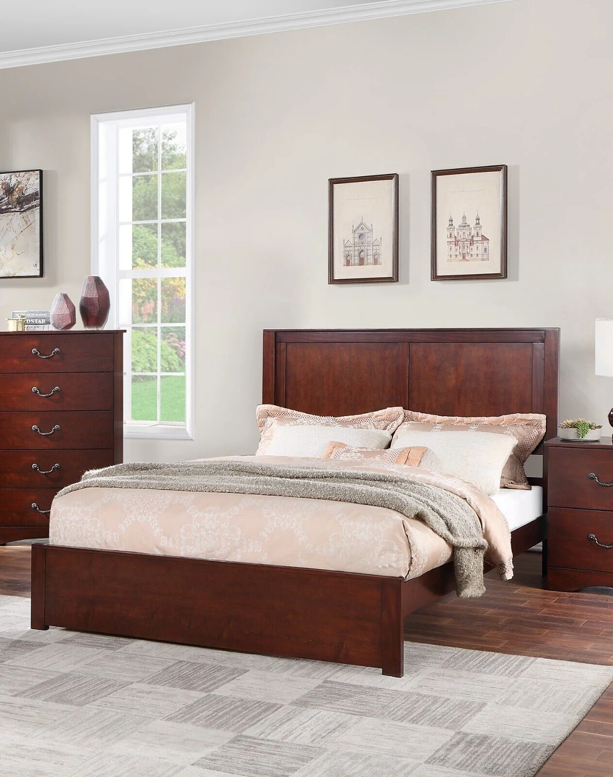 California King Size Bed 2-Panel Design Headboard Chic Simple Light Tan Finish Wooden Bedroom Furnuiture 1pc Bedframe
