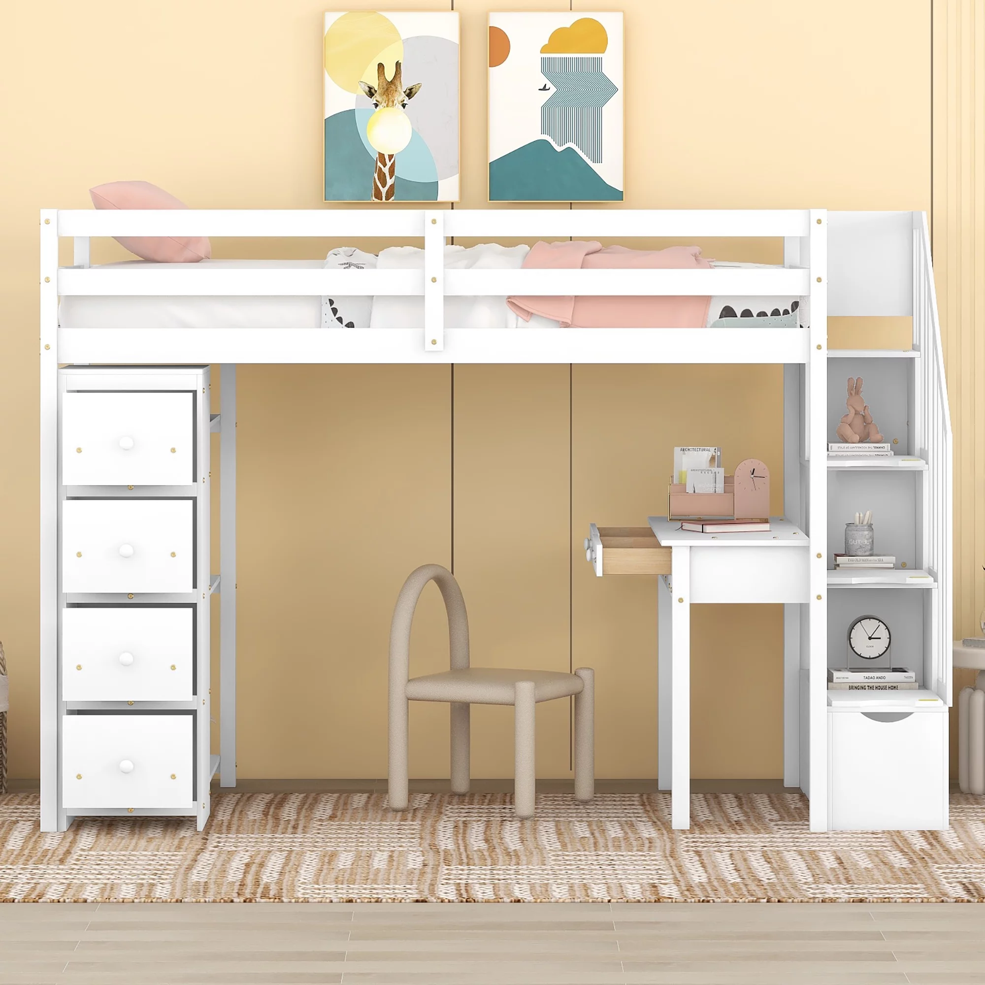 CoSoTower Twin Size Loft Bed with Storage Drawers ,Desk and Stairs, Wooden Loft Bed with Shelves - White