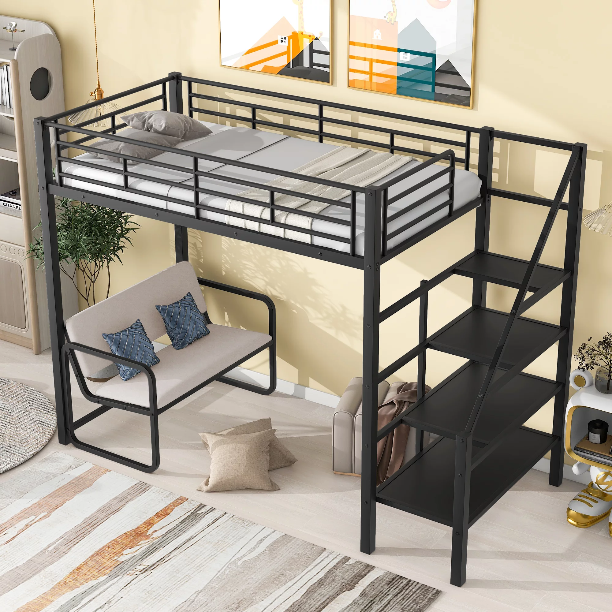 Twin Size Metal Loft Bed with Bench and Storage Staircase, Multiple Functions Bed, Loft Bed with Ladder, Metal Space Saving Bed Frame for Boys, Girls