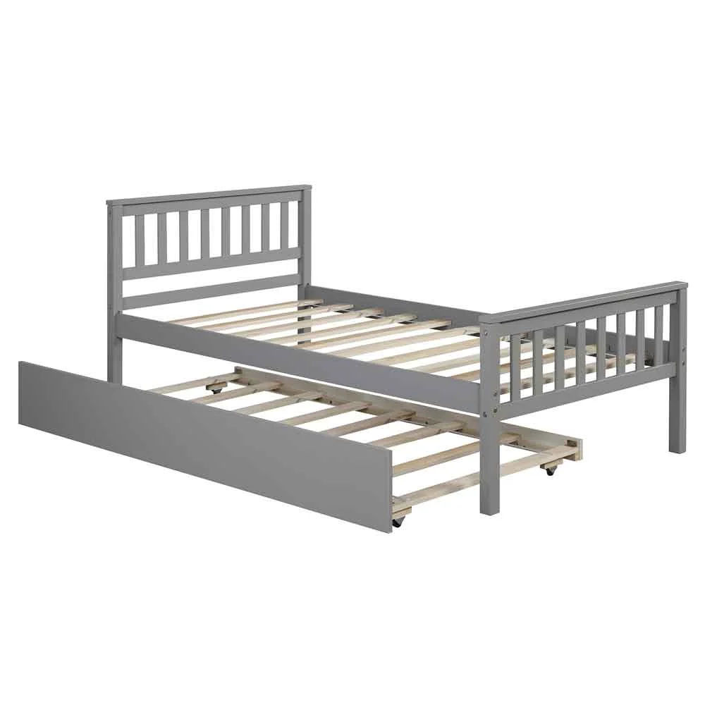 Twin Size Wood Platform Bed with Trundle, Headboard and Footboard