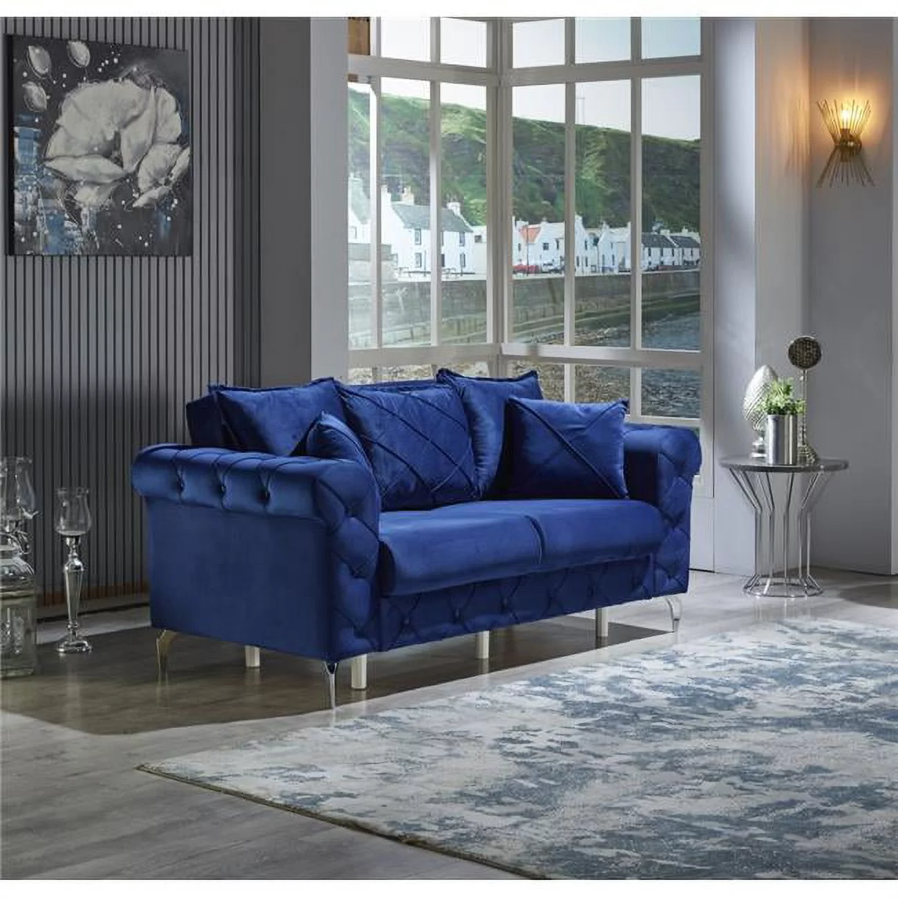 Furnia 101-RIV-BYB24-2 35 x 72 x 33 in. Riva Convertible Loveseat Sleeper, Dark Blue