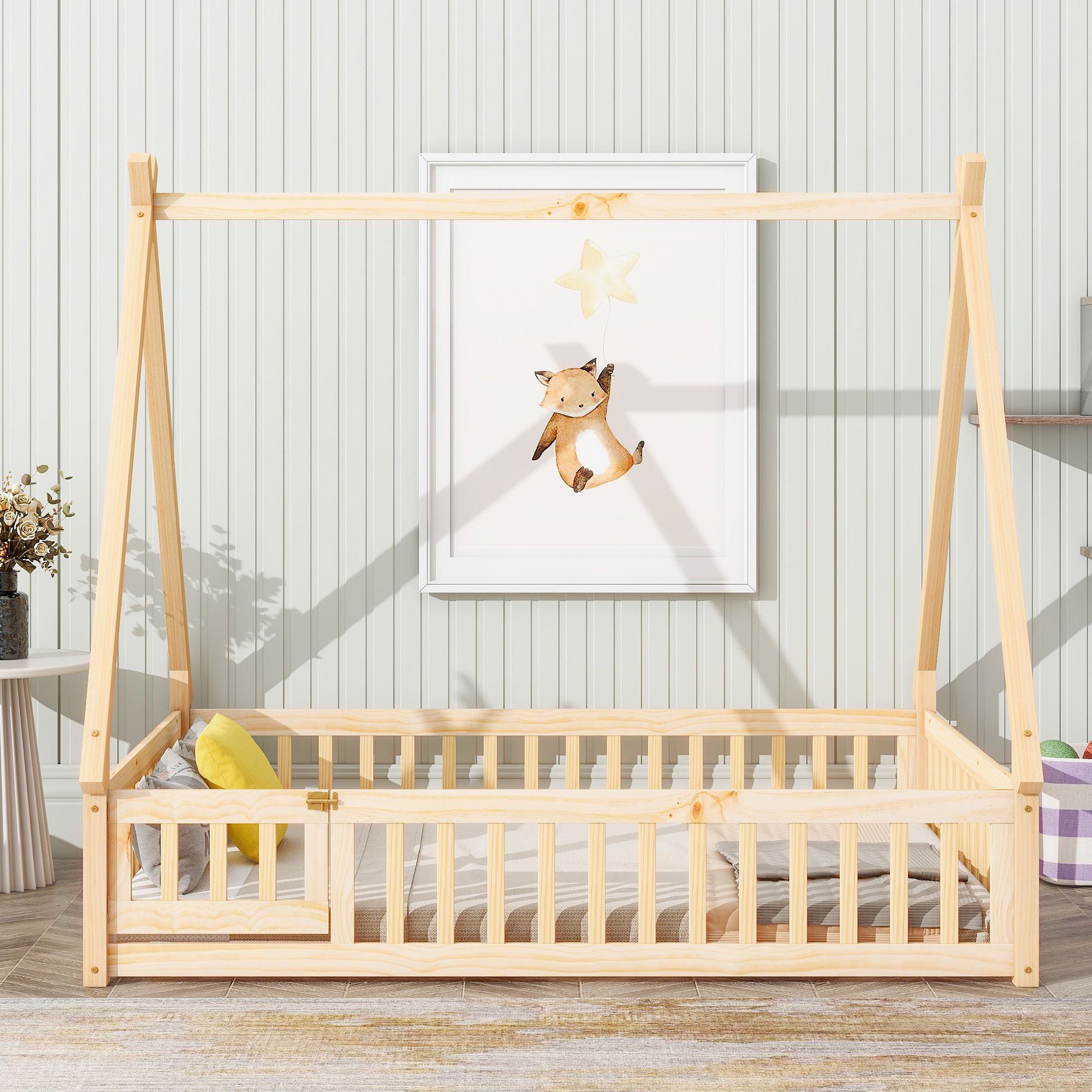 Full Wood Tent-shaped Floor Bed Mattress Foundation with Guardrails, Slats, Door, Bed Frame Storage Bed w/ Wooden Slats for Boy Girl, No Box Spring Needed, Easy Assembly