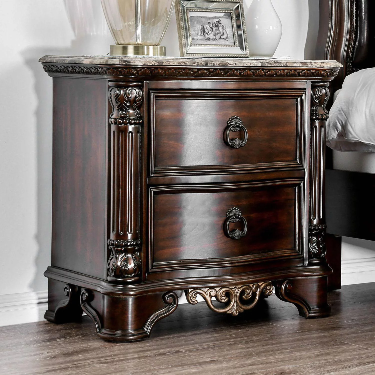 Transitional Brown Cherry Solid Wood Queen Bedroom Set 3pcs FOA CM7311 Menodora