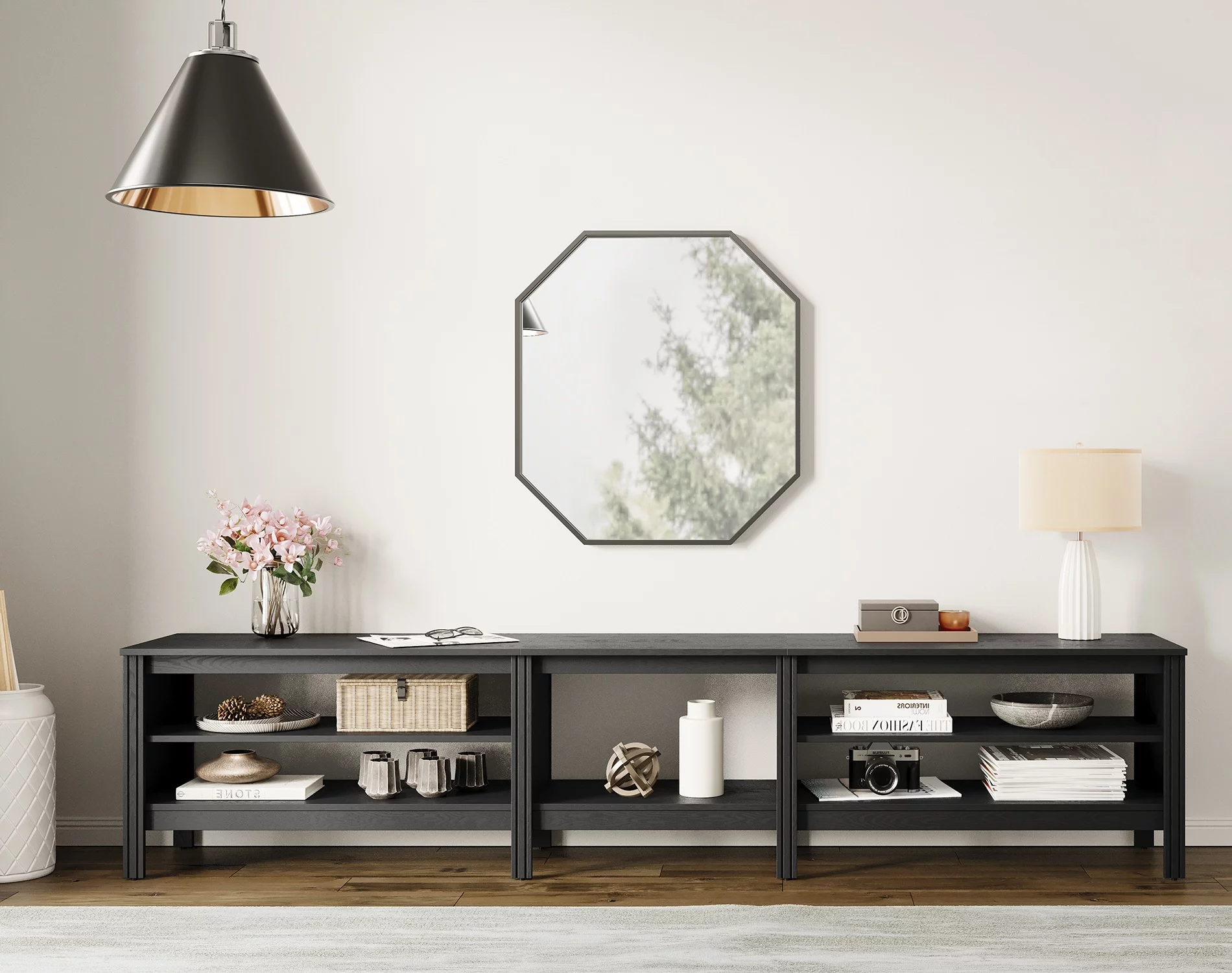 TV Stand for 85 inches Flat Screen, Wood Media Console Storage Cabinet Entertainment Center with 6 Open Shelves, 95 inch, Black